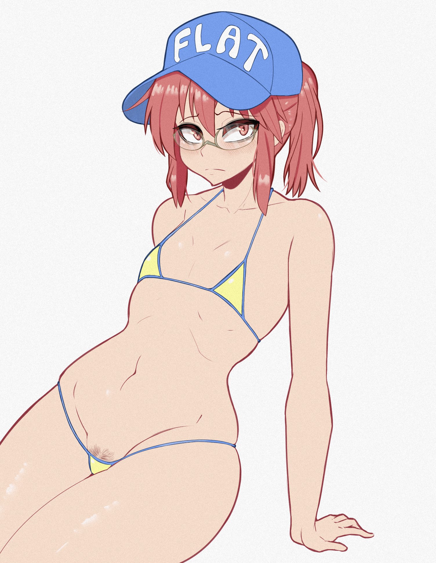 1girls, breasts, duke wintermaul, english text, female, female only, flat chest, glasses, hat, kobayashi, kobayashi-san chi no maidragon, light skin, light-skinned female, looking at viewer, micro bikini, miss kobayashi's dragon maid, mostly nude, pale skin, pale-skinned female, pubic hair, red eyes, red hair, sitting, small breasts, solo, young savage