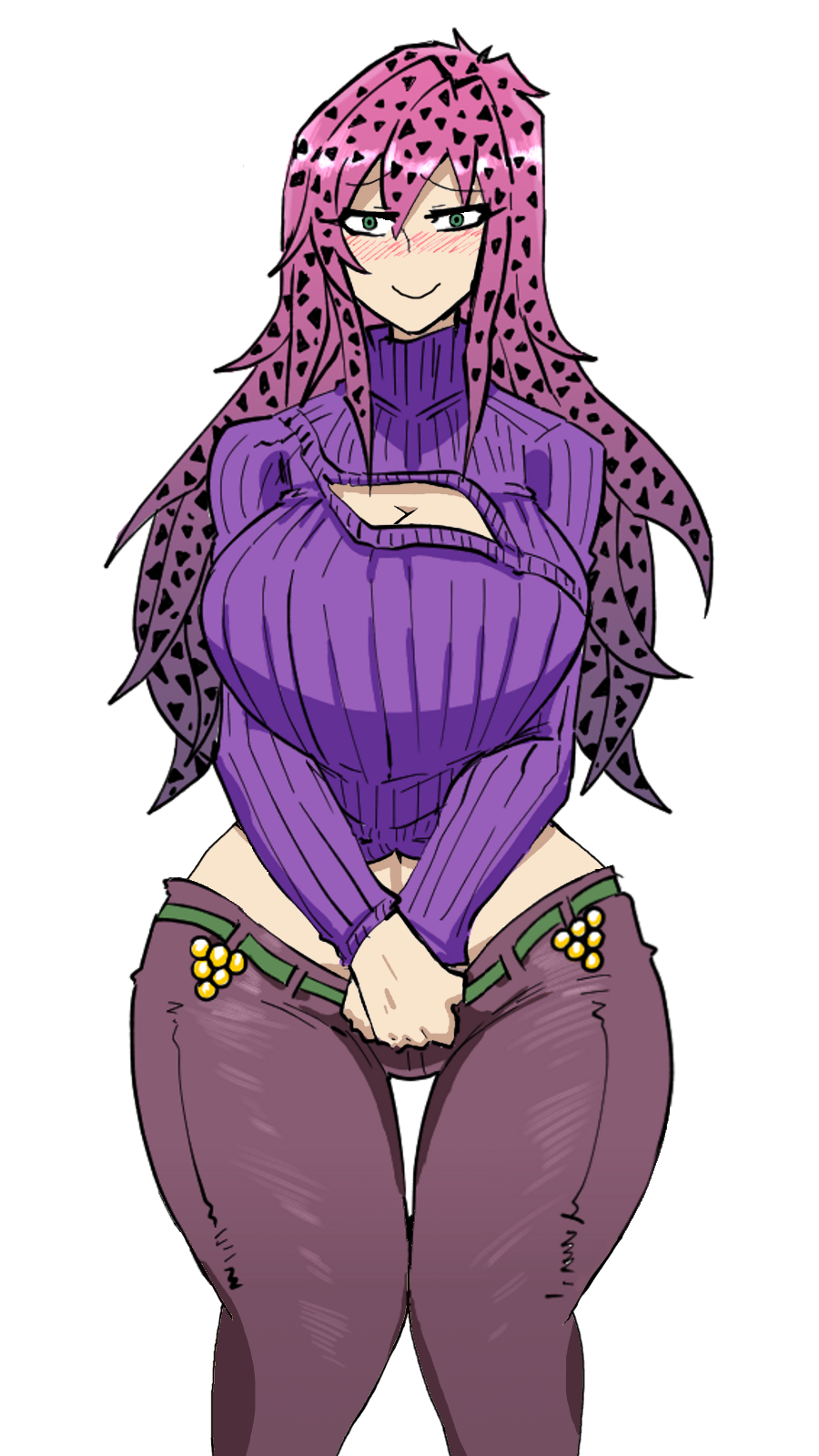 1girls blush boob_window diavolo doppios_sweater green_eyes jojo's_bizarre_adventure looking_at_viewer mannungei pink_hair rule_63 smile solo sweater tagme vento_aureo white_background wide_hips