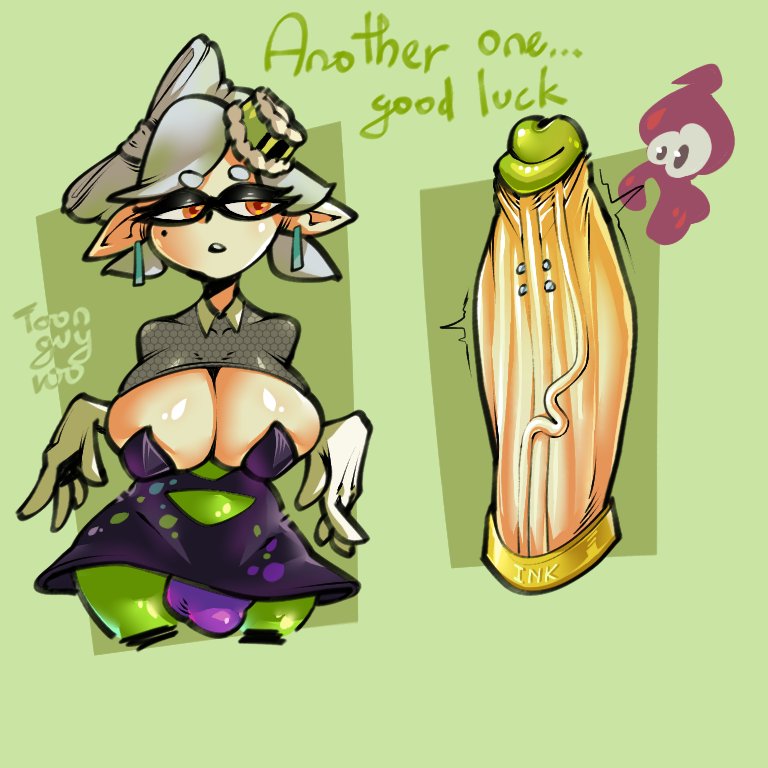 1futa, big breasts, big penis, breasts, clothed, clothing, cock ring, cutaway, dialogue, erection, fully clothed, futa only, futanari, gloves, huge cock, humanoid, humanoid penis, inkling, intersex, light skin, light-skinned futa, marie (splatoon), nintendo, pale skin, penis, penis piercing, piercing, simple background, solo, splatoon, standing, text, toonguy100, wide hips