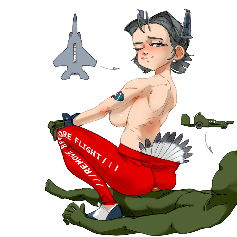 anthrofied big_breasts buttjob earrings english_text f-15 faceless_male feather_tuft grey_hair leggings living_aircraft original_character pants partially_nude poking_out shoes sideboob sitting_on_person sports_shoes tongue_out toorops topless topless_female wink