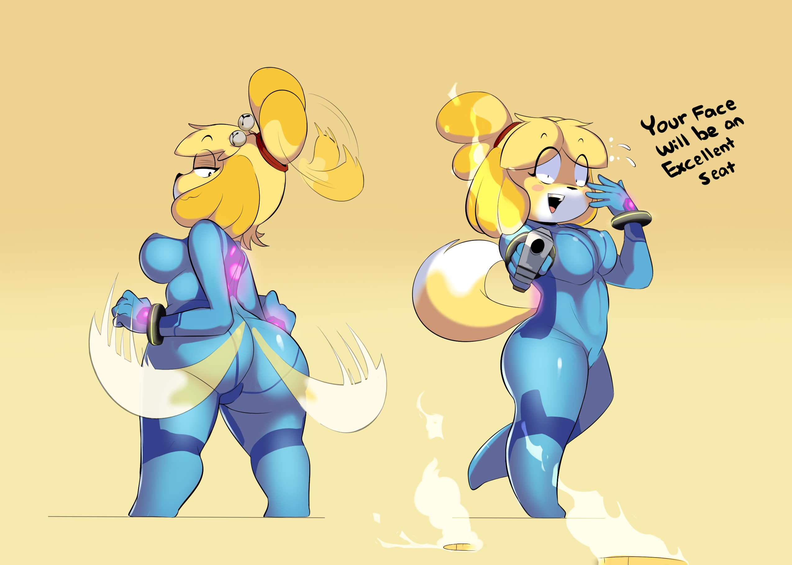 1girls, animal crossing, anthro, ass, big breasts, bodysuit, breasts, canid, canine, canis, clothed, clothing, crossover, dialogue, english text, eye contact, fat ass, female, fur, furry, furry only, hi res, isabelle (animal crossing), large breasts, looking at viewer, metroid, nintendo, png, samus aran (cosplay), scrabble007, shortstack, skin tight, solo, tail, text, thick thighs, thighs, zero suit