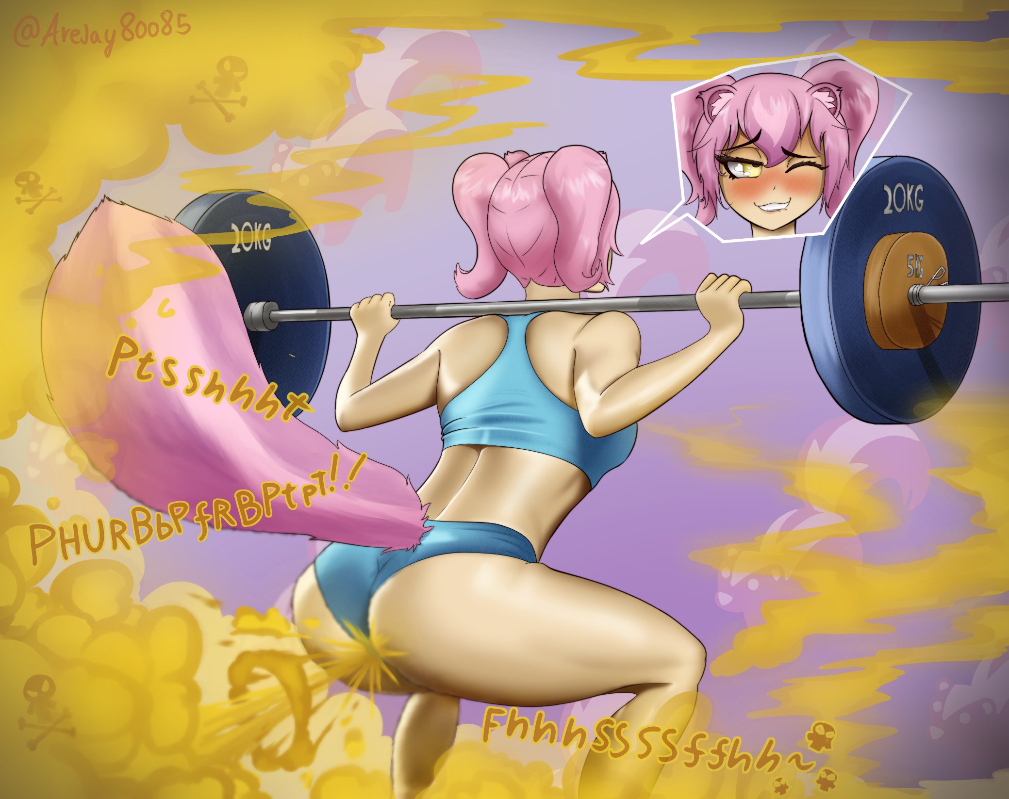 1girls, animal ears, arejay, ass, biting lip, blush, enjoying farting, exercise, fart, fart cloud, fart everywhere, fart fetish, farting, female, fiona (raki991), gym clothes, kemonomimi, looking pleasured, one eye closed, onomatopoeia, pink hair, skunk, skunk girl, skunk tail, smile, solo female, squatting, tail, text, twintails, workout