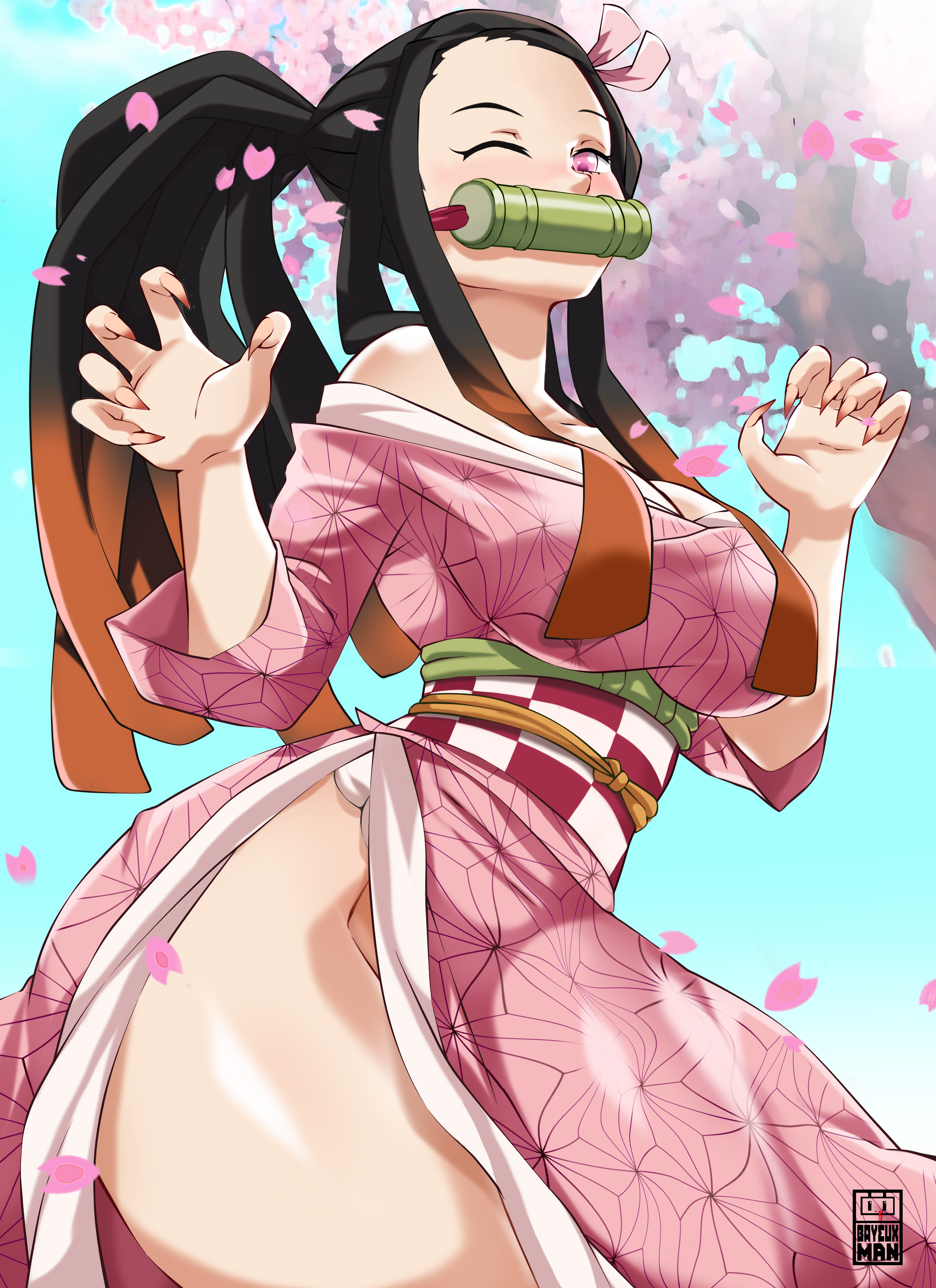 1girls, alternate hairstyle, bamboo gag, bayeuxman, big breasts, black hair, black-haired female, blush, breasts, curvy figure, demon slayer, eye contact, female, female only, gag, high resolution, kamado nezuko, kimetsu no yaiba, kimono, large breasts, looking at viewer, obi, one eye closed, solo, standing, two-tone hair, wide hips
