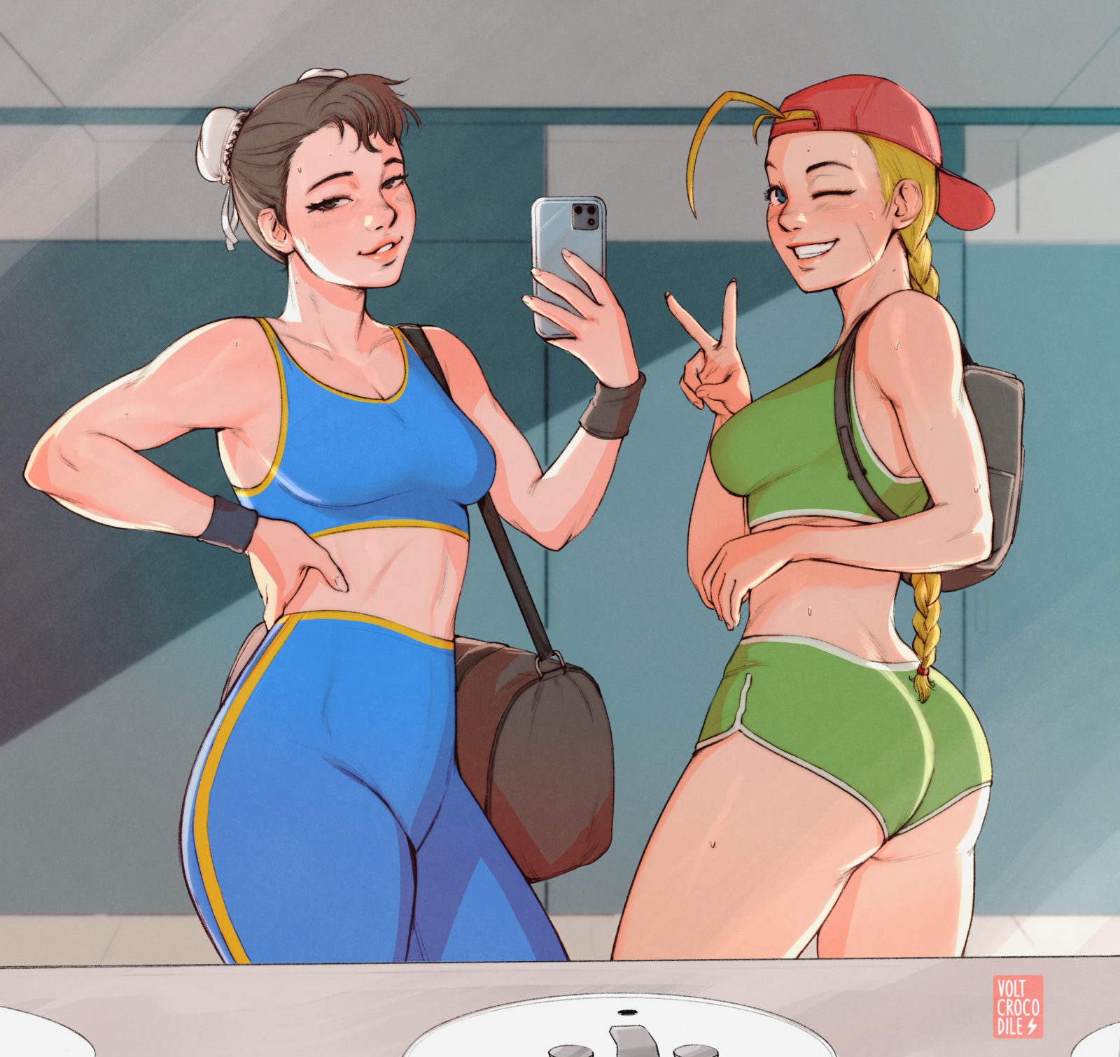 2girls, ass, backwards baseball cap, bare shoulders, baseball cap, blonde hair, blue eyes, blush, braids, brown eyes, brown hair, cammy white, cap, capcom, cellphone, chun-li, female, female only, fit, fit female, grin, gym clothes, gym shorts, hat, looking at viewer, mirror, mirror selfie, peace sign, selfie, shorts, smile, sports bra, street fighter, sweat, toned, toned female, twintails, volt crocodile, wink, winking, workout