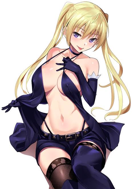 belly belly_button big_breasts blonde blonde_hair boots breasts collar curvy_figure female female_focus female_only inner_sideboob lieselotte_sherlock no_bra panty_straps pigtails purple_eyes removing_clothing seductive_look seductive_pose shorts sitting sitting_down stockings thighs tongue_out trinity_seven waist white_skin yellow_hair