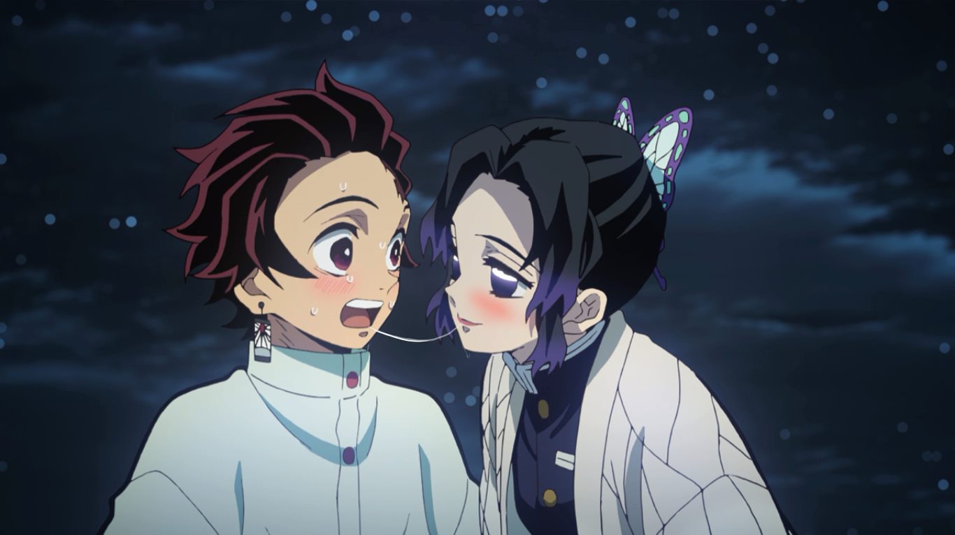 1boy, 1girls, after kiss, butterfly hair ornament, demon slayer, female, fully clothed, kamado tanjirou, kimetsu no yaiba, kissing, kochou shinobu, looking at another, male, purple hair, purple-haired female, red hair, red-haired male, saliva string, screenshot edit, smile, surprised, upper body