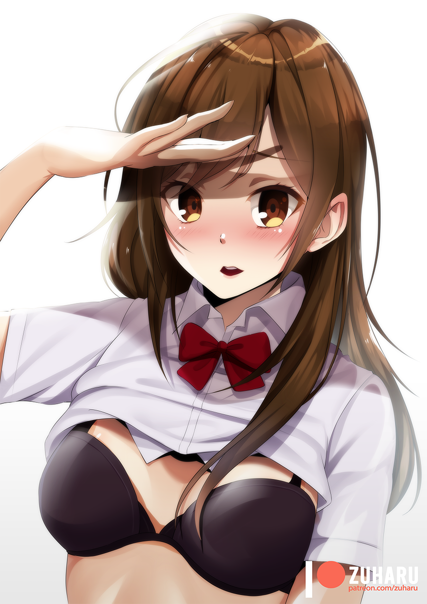 1girls black_bra blouse blouse_lift blush bowtie bra brown_eyes brown_hair female female_only hand_on_forehead hori-san_to_miyamura-kun hori_kyouko horimiya long_hair open_mouth patreon patreon_username white_background zuharu