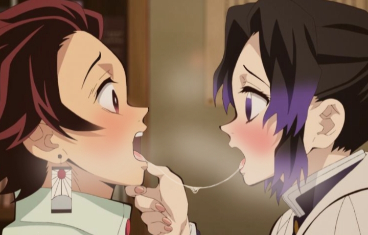 1boy, 1girls, accurate art style, demon slayer, female, french kiss, fully clothed, kamado tanjirou, kimetsu no yaiba, kissing, kochou shinobu, looking at another, male, purple hair, purple-haired female, red hair, red-haired male, romantic, saliva string, screenshot edit