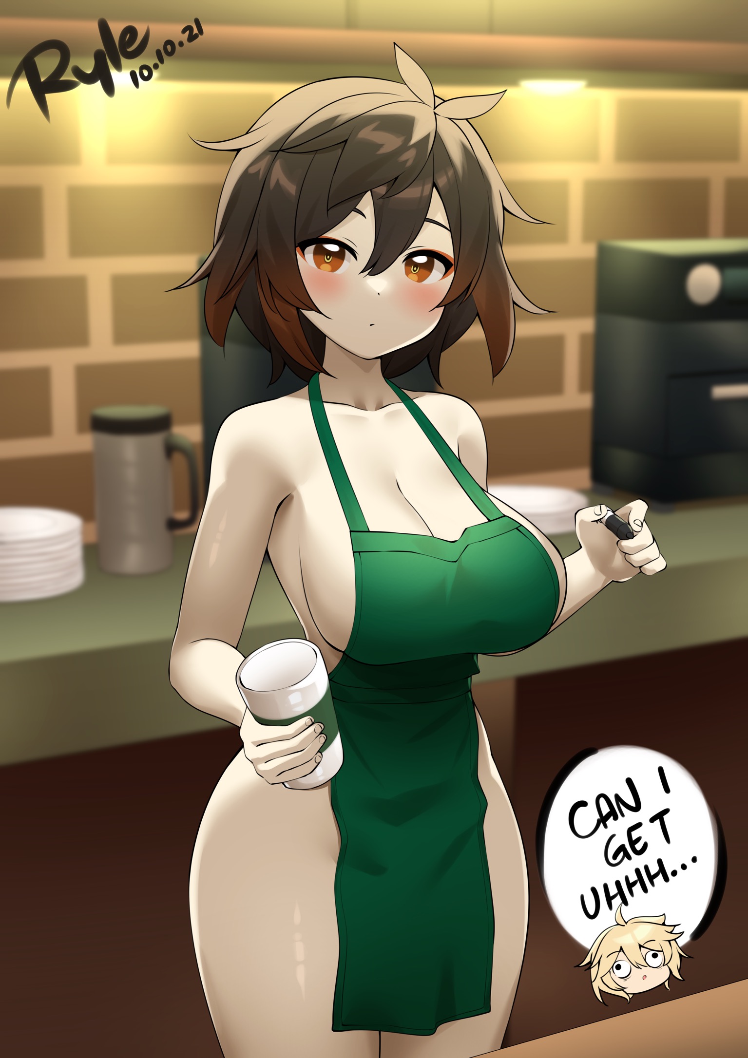aether (genshin impact), amber eyes, apron only, big breasts, blush, breasts, brown eyes, brown hair, english text, female, genderswap, genderswap (mtf), genshin impact, iced latte with breast milk, meme, nipples, rule 63, ryle, starbucks, thick thighs, thighs, yellow eyes, zhongli (genshin impact), zhongli jiejie