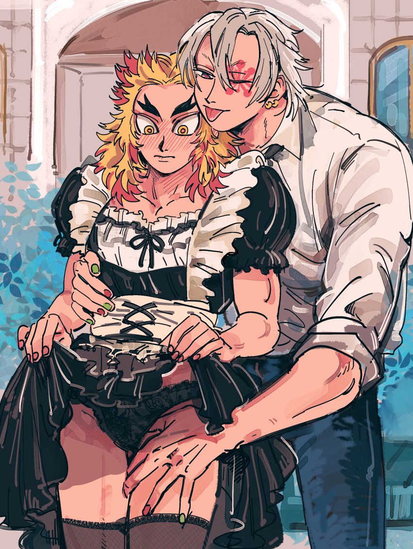 21onkeye, 2boys, alternate costume, ambush (trap), apron, black panties, blonde hair, blush, crossdressing, demon slayer, facial mark, gay, groping, groping from behind, hand on thigh, kimetsu no yaiba, lace-trimmed panties, looking down, maid uniform, male, male only, nail polish, panties, rengoku kyoujurou, skirt lift, thighhighs, tongue, tongue out, two-tone hair, uzui tengen, white hair, wink, yaoi