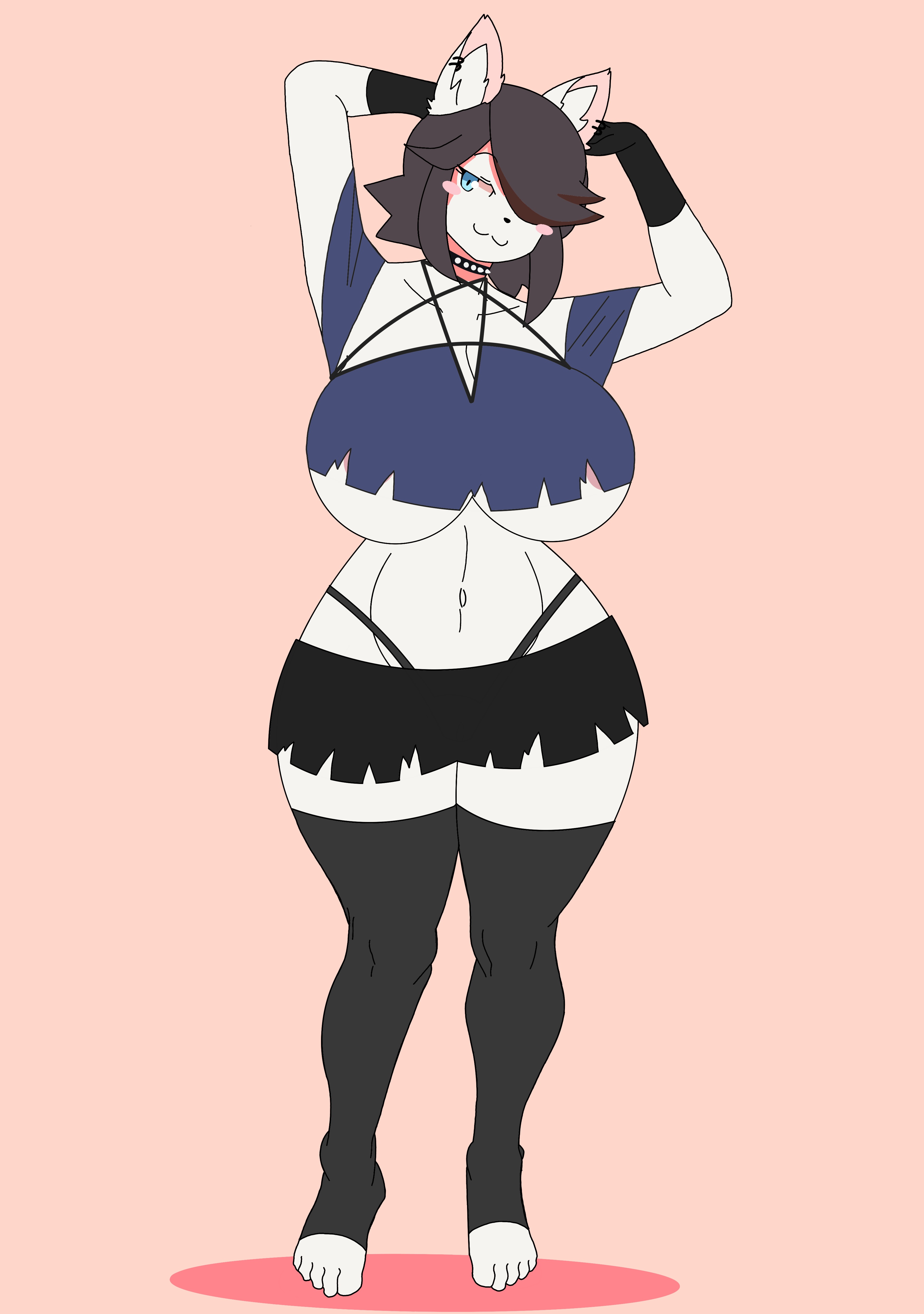 :3, animal ears, anthro, areola, areola slip, areolae, armpits, big breasts, black thighhighs, breasts, cosplay, female, furry, furry only, halloween, hands up, huge breasts, loona (cosplay), maggie applebee, no humans, pink areola, pink nipples, solo, solo female, solo focus, thighhighs, white body, wide hips