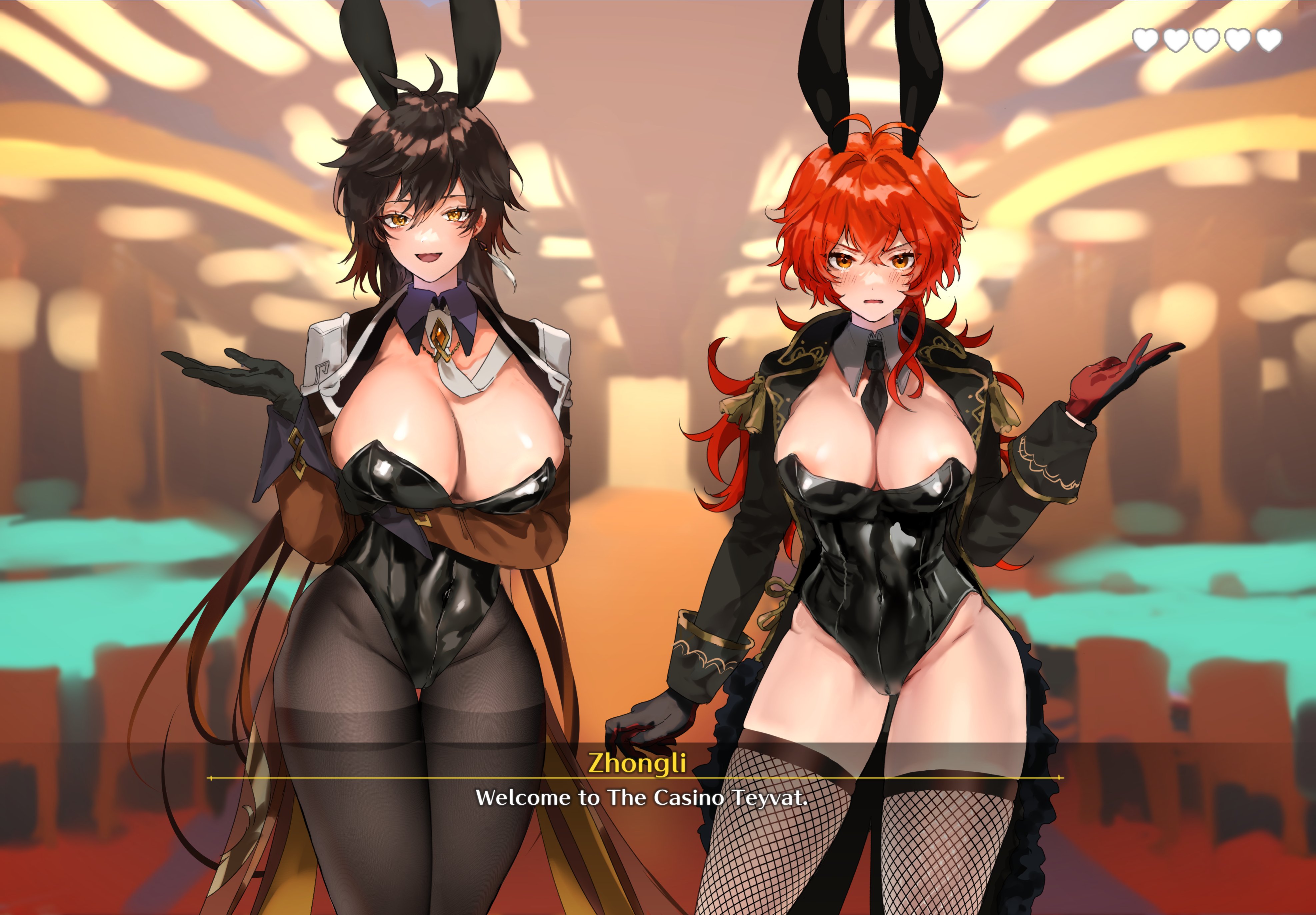 2021, 2girls, absurd res, animal ears, areola slip, areolae, between breasts, black gloves, black hair, black leotard, blurry, blurry background, breast hold, breasts, brown hair, bunny ears, bunny girl, bunnysuit, casino, character name, cleavage, covered navel, detached collar, diluc (genshin impact), earrings, english text, eyebrows visible through hair, eyeliner, eyeshadow, fake animal ears, female, female only, fishnet stockings, fishnet thighhighs, fishnets, genderswap, genderswap (mtf), genshin impact, gloves, gradient hair, hair between eyes, highres, huge breasts, indoors, jacket, jewelry, leotard, long hair, looking at viewer, makeup, matching hair/eyes, multicolored hair, multiple females, multiple girls, necktie, necktie between breasts, open clothes, open jacket, open mouth, pantyhose, pose, raised arm, red eyes, red eyeshadow, red gloves, red hair, rule 63, single earring, smile, standing, talking to viewer, tassel, tassel earrings, text, text box, thick thighs, thigh gap, thighband pantyhose, thighhighs, thighs, tongue, two-tone hair, very long hair, yavalley, yellow eyes, zettai ryouiki, zhongli (genshin impact), zhongli jiejie