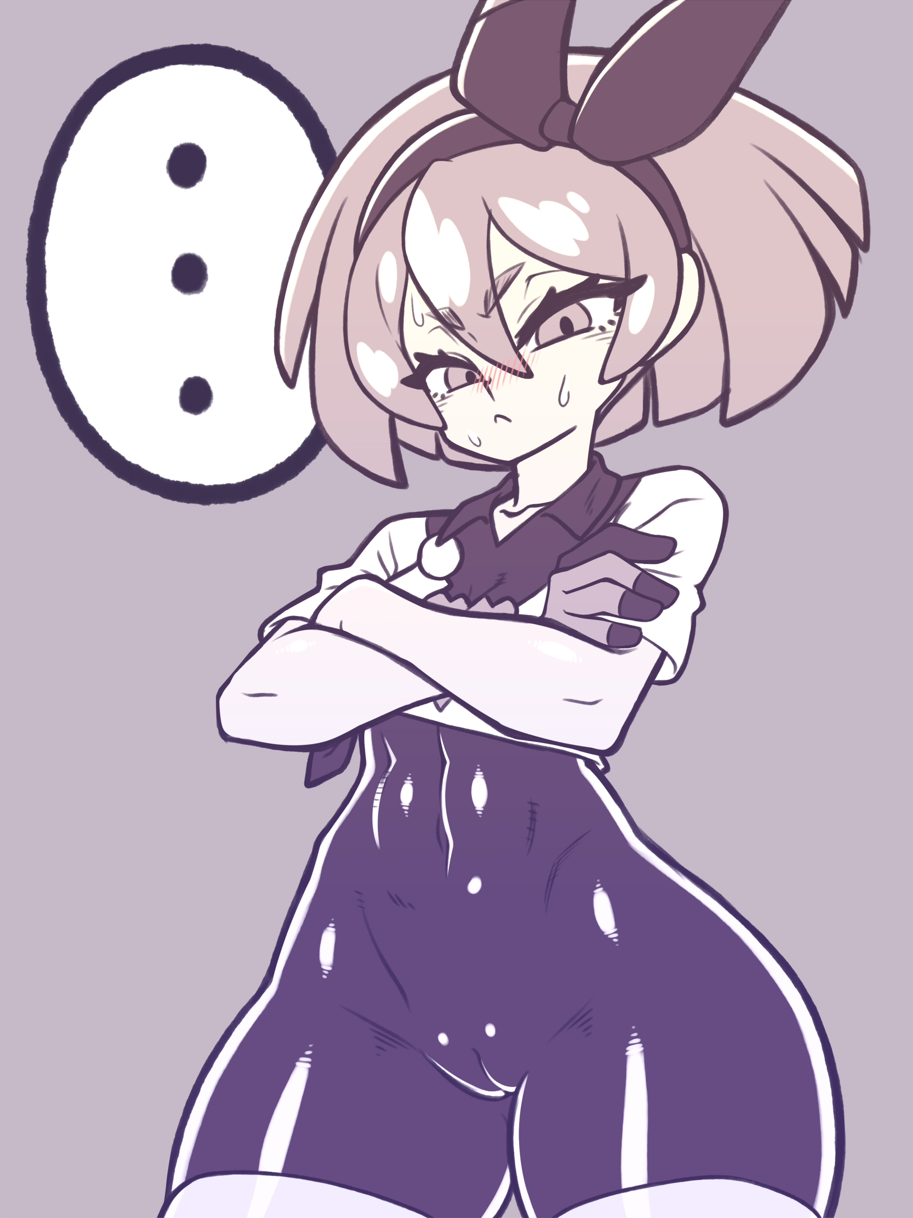 ..., 1girls, abs, bea (pokemon), bodysuit, cameltoe, eye contact, female, hair ribbon, kaikoinu, looking at viewer, monochrome, nintendo, pokemon, pokemon ss, pussy, short hair, solo, speech bubble, standing, sweat, thick thighs, thighs, wide hips