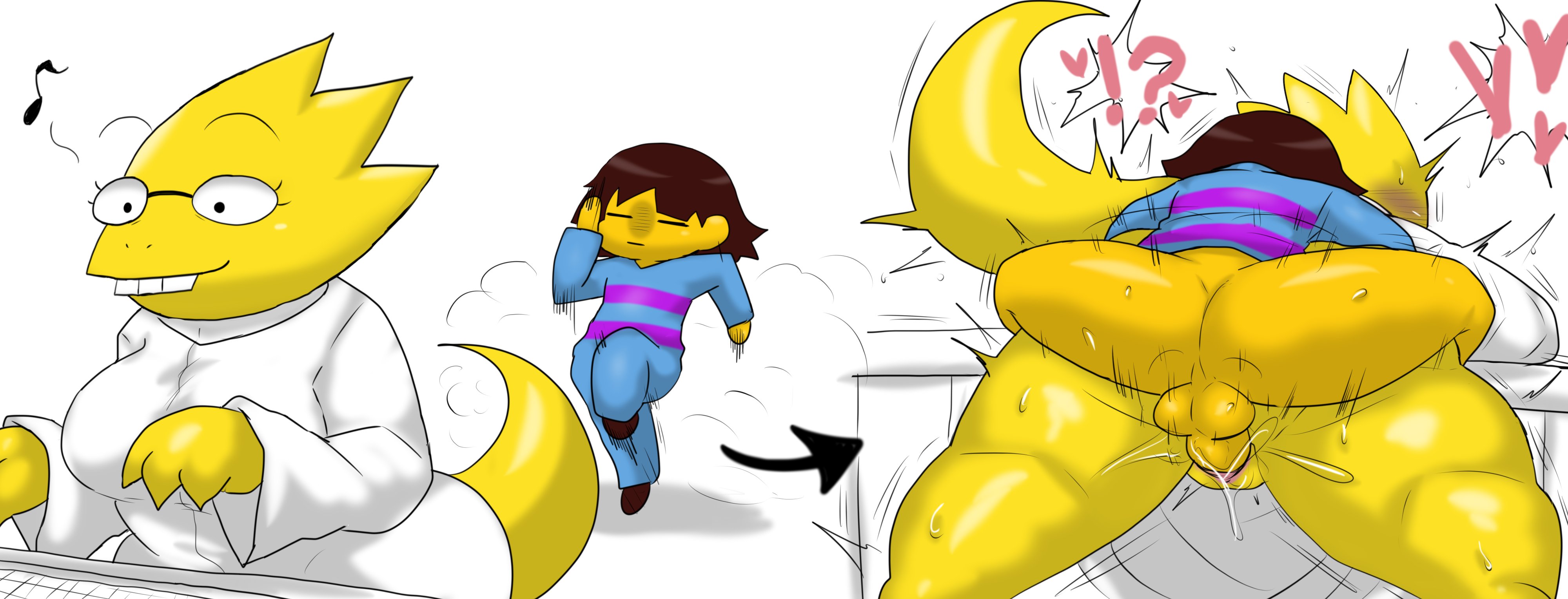 !?, ?, <3, 1boy, 1girls, 2d, alphys, anthro, anthro penetrated, ass, balls, bbw, big breasts, blush, bottomless, breasts, clothed rape, enigi09, fat ass, female, female penetrated, frisk, from behind position, heart, hearts, human, human on anthro, human penetrating, human penetrating anthro, human penetrating female, human penetrating humanoid, humanoid, humanoid penetrated, instant loss 2koma, lizard girl, lizard humanoid, male, male frisk, male penetrating, male penetrating anthro, male penetrating humanoid, male/female, mostly clothed, musical note, penetration, penis, pussy, pussy juice, rape, reptile, reptile humanoid, scalie, sex, straight, tail, thick thighs, undertale, undertale (series), vaginal penetration, vaginal rape, video games, wide hips, yellow scales