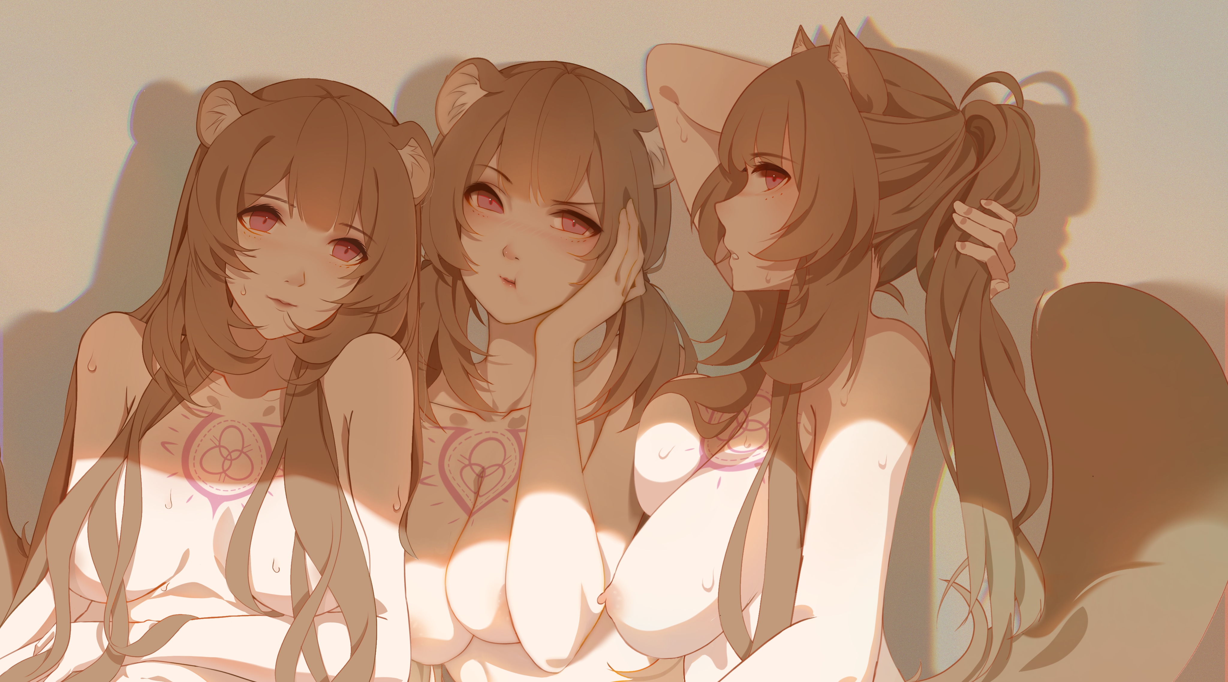 2020, 3girls, alternate breast size, alternate hairstyle, animal ears, animal tail, annoyed, areolae, big breasts, blush, breasts, brown hair, completely nude, female, female only, hand on hair, highres, large breasts, long hair, looking at viewer, medium breasts, multiple females, multiple girls, naked, nipples, nude, pink eyes, ponytail, pout, pouting, raphtalia, rizuto, sagging breasts, short hair, sitting, slave, slave crest, smile, solo female, sweat, sweatdrop, sweating, tail, tate no yuusha no nariagari, tattoo, twin braids, very long hair