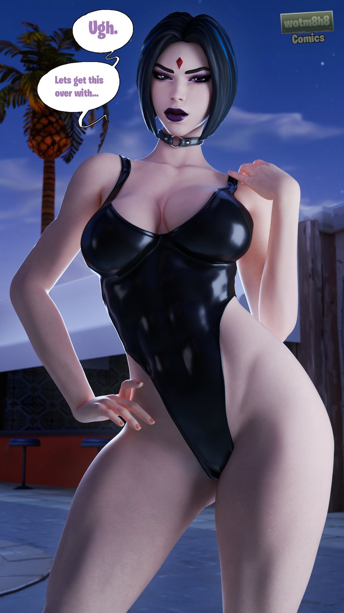 1girls, 3d, 3d (artwork), alternate version available, breasts, choker, collar, dc, dc comics, english text, female, female only, forehead jewel, fortnite, goth, goth girl, leather choker, leather collar, looking at viewer, one-piece swimsuit, pool, poolside, purple lipstick, rachel roth, raven (dc), raven (fortnite) (dc), shiny clothes, shiny swimsuit, solo, swimsuit, talking to viewer, teen titans, text, titans, wotm8h8