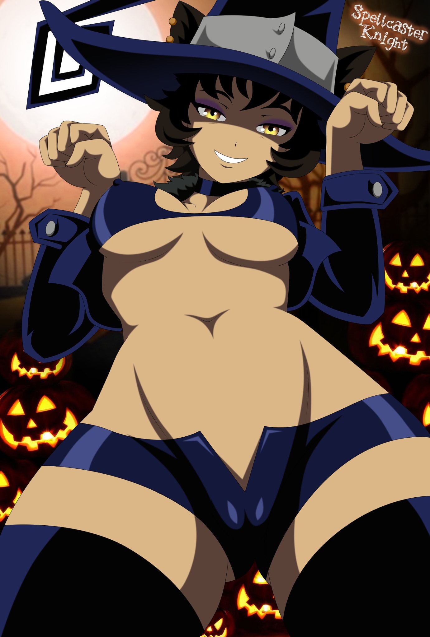 amber eyes, belly button, blair (soul eater), breasts, cat girl, catgirl, cosplay, costume, female, halloween, jack-o'-lantern, kali belladonna, milf, moon, pumpkin, pussy, pussy visible through clothes, rooster teeth, rwby, smiling, soul eater, spellcaster knight, witch hat