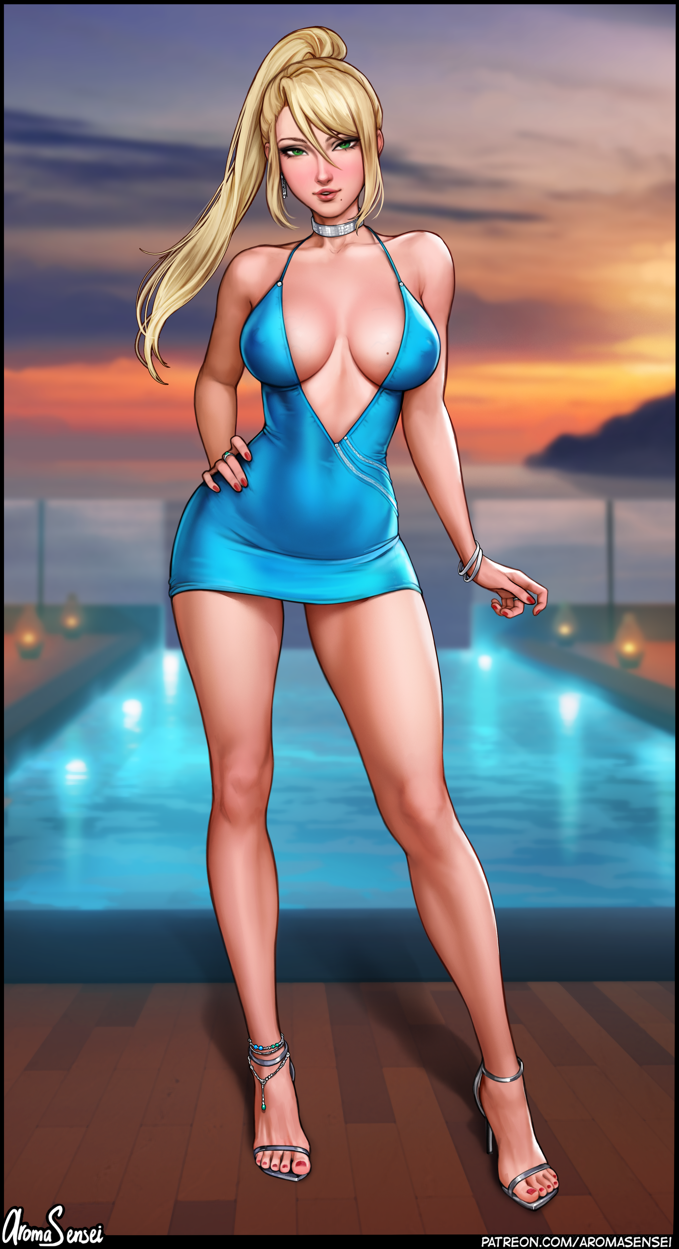 1girls, aroma sensei, big breasts, bimbo, blonde hair, blue eyes, breasts, busty, choker, cleavage, collar, diamond collar, dress, female, full body, high heels, high resolution, highres, inner sideboob, legs, long hair, looking at viewer, metroid, nintendo, open toe shoes, ponytail, samus aran, skimpy, skimpy clothes, skimpy dress, smile, smiling at viewer, solo, standing, thick, thick thighs, thighs, voluptuous