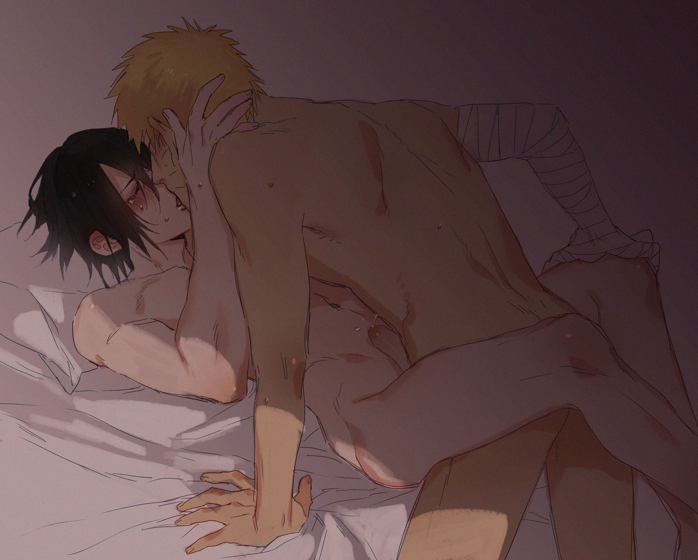 2boys, artist request, bandage, bandaged arm, bed, bed sheet, black hair, blonde hair, boruto: naruto next generations, closed eyes, cum, duo, duo focus, erection, french kiss, french kissing, gay, hand on head, kissing, legs, light skin, light-skinned male, male, male only, male penetrated, male penetrating, male/male, missionary, missionary position, naked, naruto, naruto (series), nude, nude male, on back, on bed, pale skin, pale-skinned male, penetration, penis, pillow, precum, sasuke uchiha, sex, short hair, shounen jump, spiky hair, squirting, sweat, sweatdrop, sweating, tears, tongue, tongue out, twink, uzumaki naruto, whisker markings, whiskers, yaoi, yellow hair
