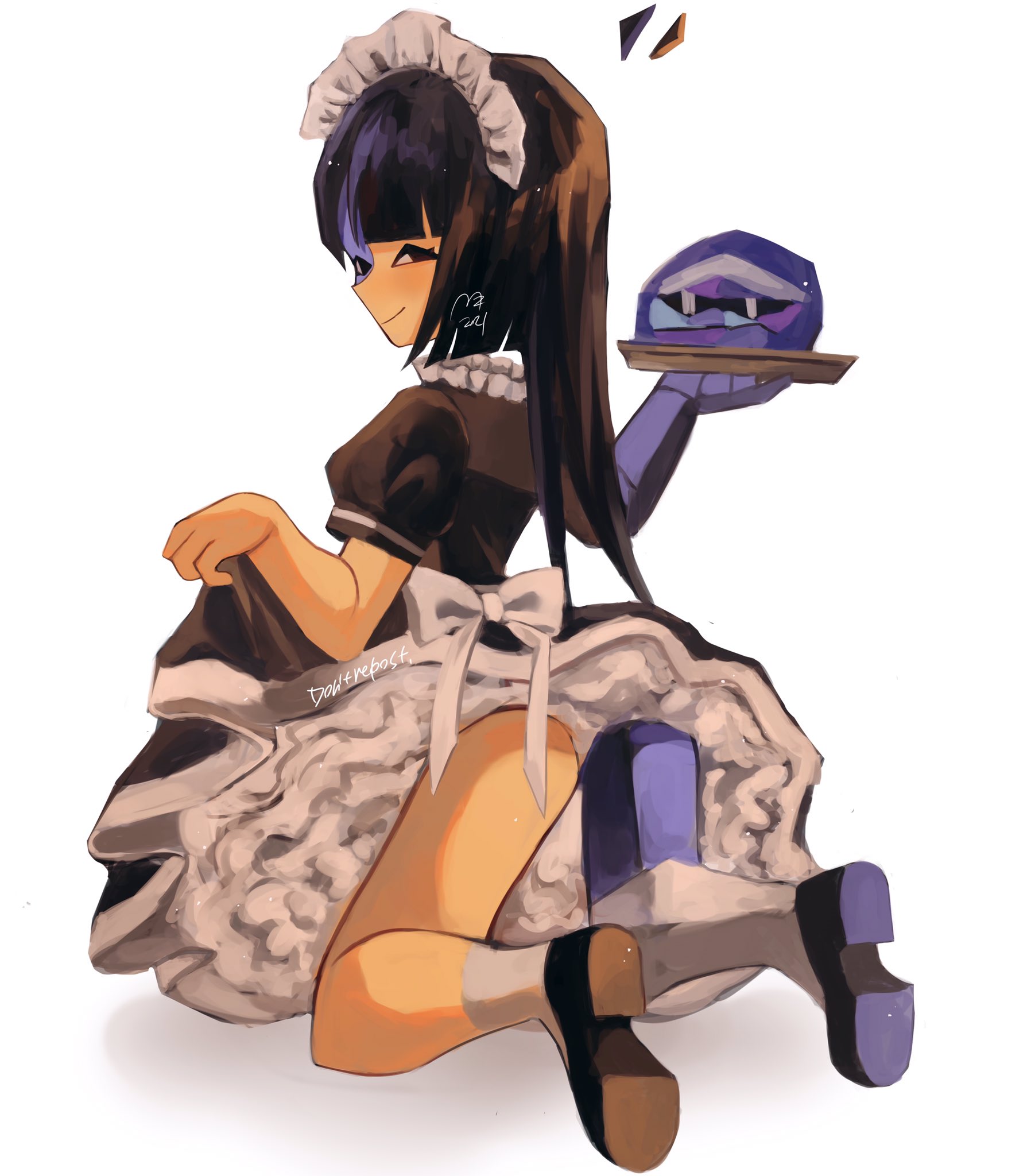 1girls, 2021, artist request, ass, black hair, clothed, clothed female, clothes, clothing, dress, dress lift, ena, ena (series), female, female focus, female only, from behind, happy female, holding, holding object, horny female, joel g, long hair, looking at viewer, looking back, maid, maid dress, maid headdress, maid outfit, maid uniform, mariya (ena), mezo pink, on knees, plain background, presenting, presenting ass, presenting butt, presenting hindquarters, serving tray, shoes, signature, simple background, smile, smiling, socks, solo, solo female, solo focus, tagme, two-tone body, two-tone skin, updress, white background