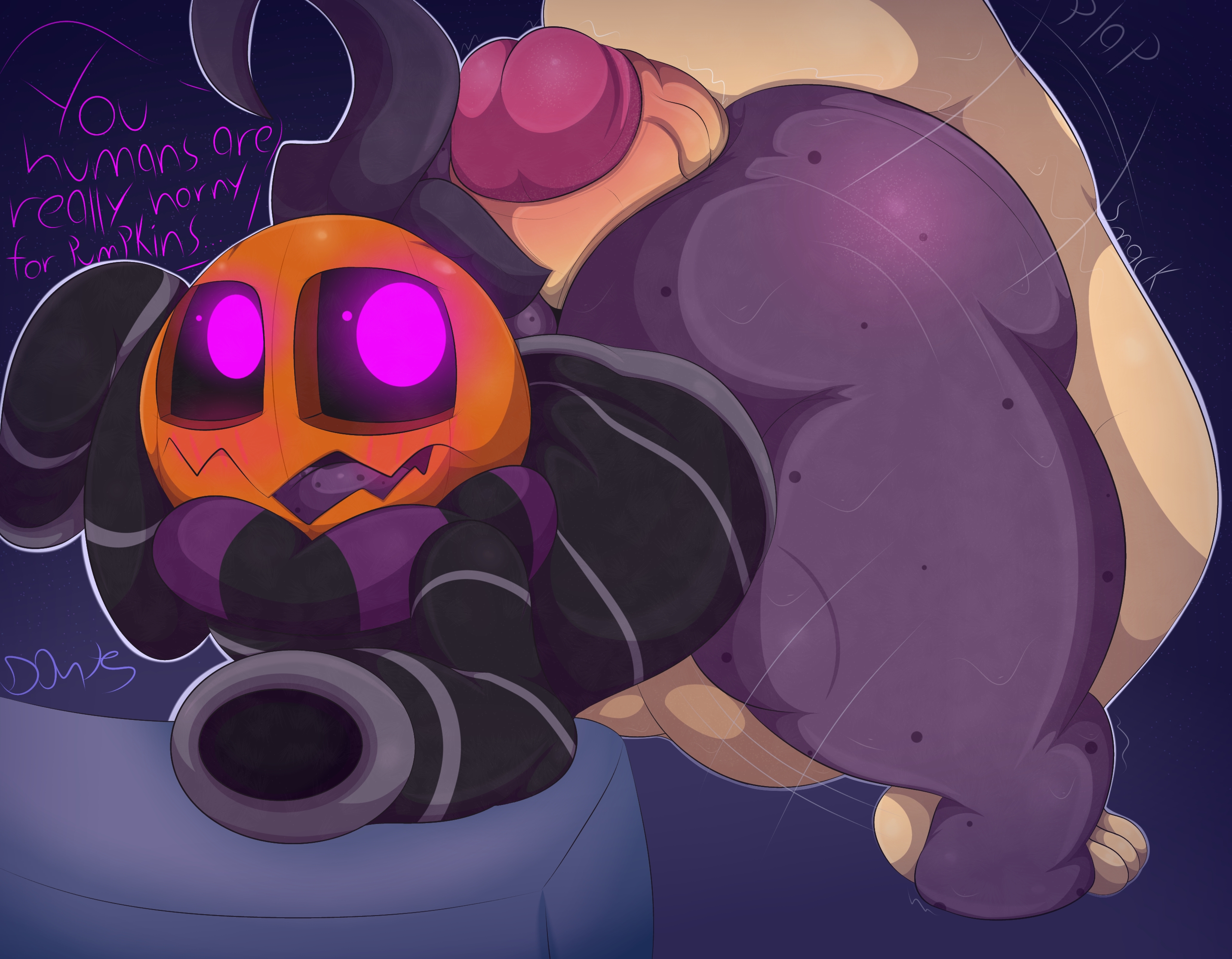 2boys, ass, assjob, balls, big ass, big butt, big dom small sub, big penis, black sclera, buttjob, clothed, clothes, elemental creature, fat ass, flora fauna, food, food creature, freckled skin, freckles, freckles on ass, gay, half naked, half-dressed, halloween, hot dogging, huge ass, huge balls, huge cock, human on humanoid, human penetrating, humanoid, humanoid penis, interspecies, long sleeves, male, penis, peter (plushtrapboyuwu), plant, plant boy, plant humanoid, plushtrapboyuwu, pumpkin, pumpkin head, purple body, purple eyes, purple skin, questionable consent, sex, shortstack, size difference, speech bubble, standing, standing sex, sweat, sweating, sweaty, sweaty ass, sweaty balls, sweaty butt, sweaty feet, sweaty thighs, testicles, text, thick thighs, vein, veins, veiny penis, wet, wide hips, yaoi