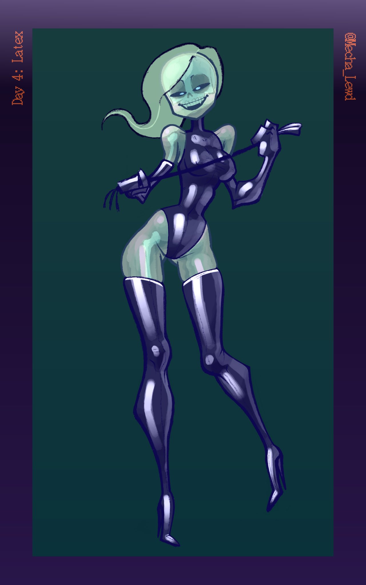 black_sclera bones ghost ghost_girl green_hair green_skin heel_boots latex latex_boots latex_gloves latex_suit latex_thighhighs leotard looking_at_viewer mecha_lewd riding_crop skull sole_female thigh_squish thighhighs translucent white_pupils