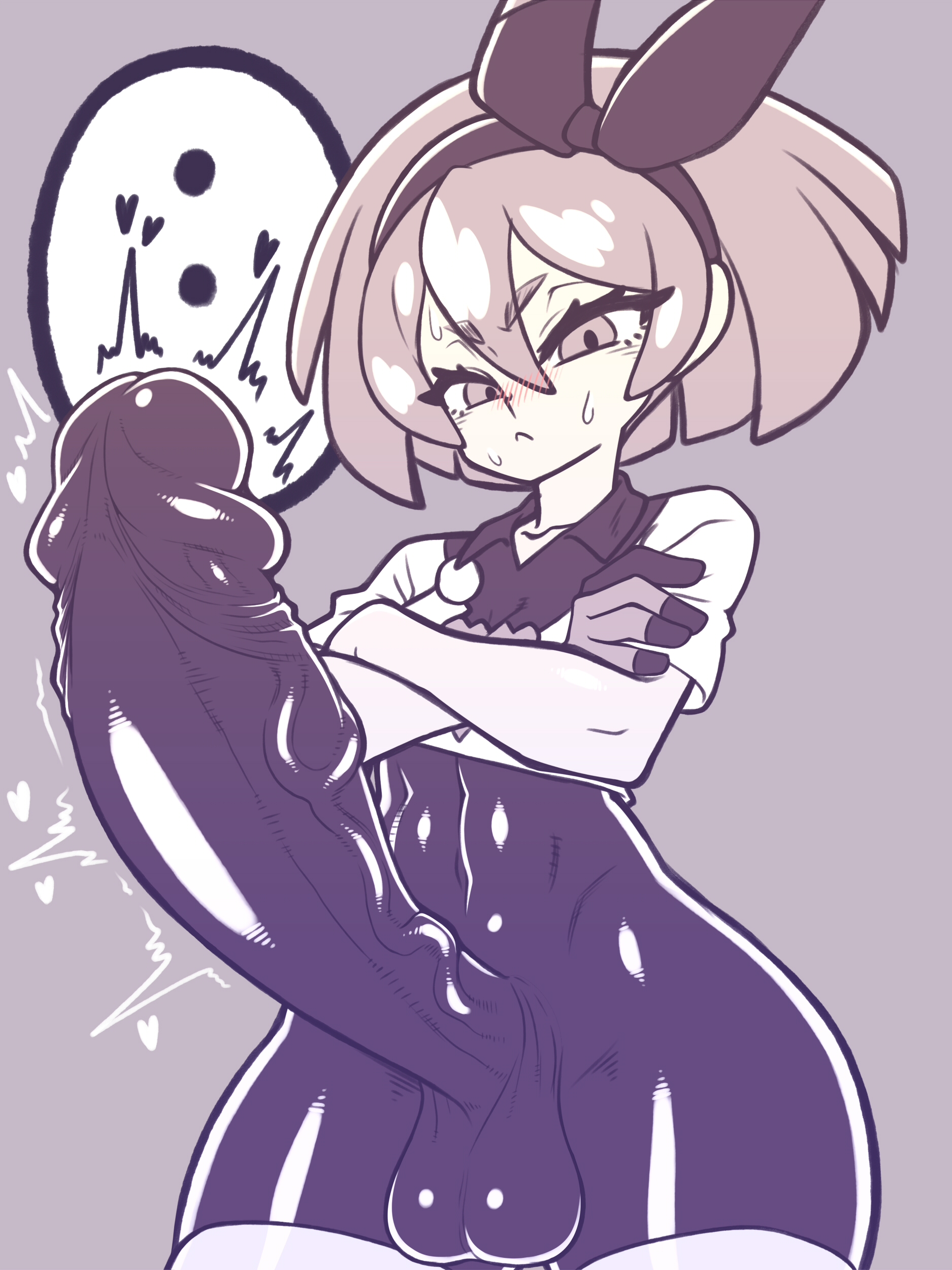 ..., 1futa, abs, ass, balls, bea (pokemon), big ass, big balls, bodysuit, clothed, clothing, erection, eye contact, fully clothed, futa only, futanari, hair ribbon, huge cock, human, intersex, kaikoinu, large penis, latex, latex bodysuit, latex futa, latex suit, latex vagina, looking at viewer, monochrome, nintendo, penis, pokemon, pokemon ss, pussy, short hair, solo, speech bubble, standing, sweat, testicles, thick thighs, thighs, tight fit, veiny penis, wide hips