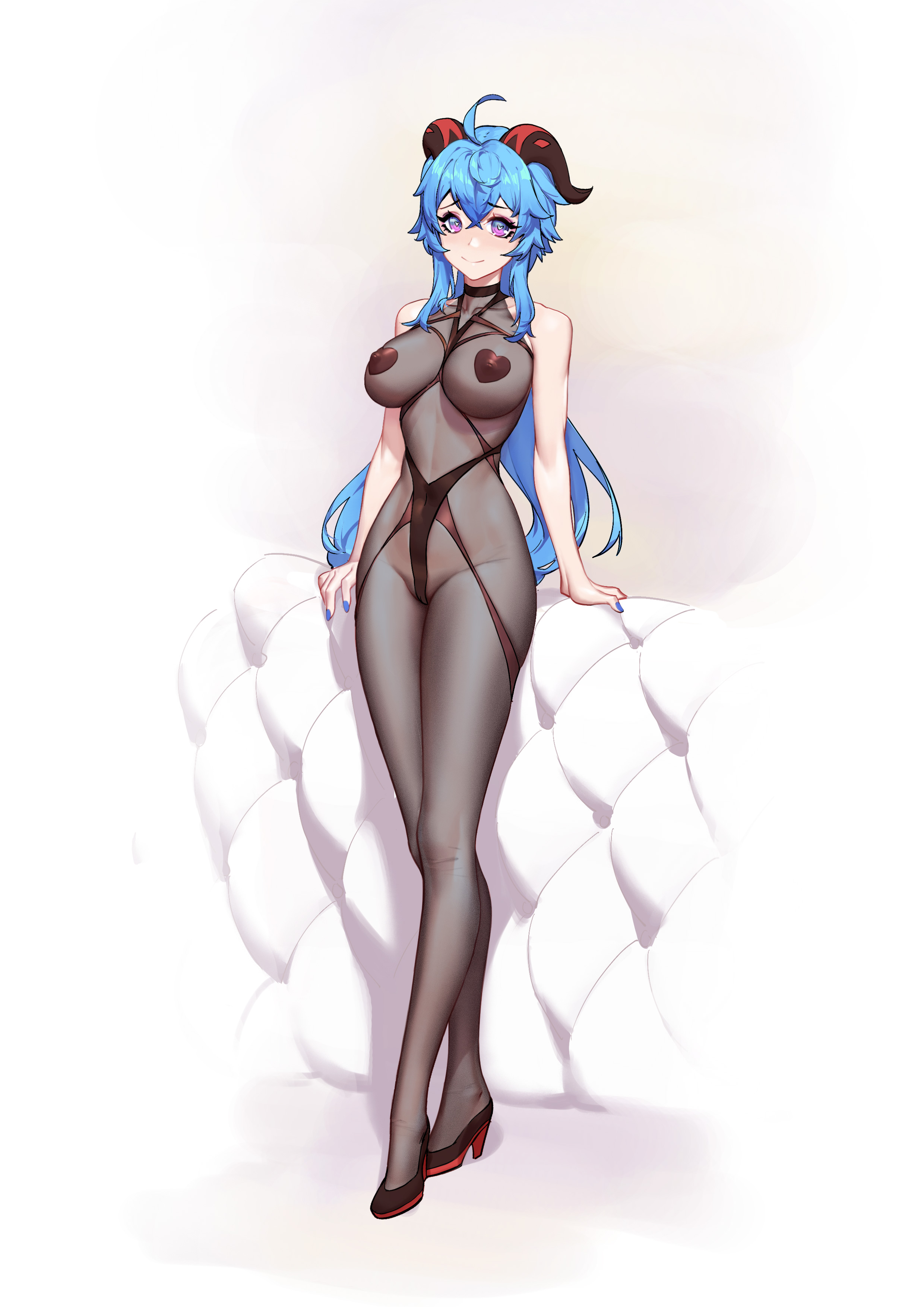 1girls, absurdres, ahoge, bangs, bare arms, bare shoulders, between breasts, black footwear, black heart pasties, black pasties, blue hair, blue nails, bodystocking, breastless clothes, breasts, cameltoe, closed mouth, collarbone, commentary request, covered erect nipples, covered navel, eyebrows visible through hair, female, full body, ganyu (genshin impact), genshin impact, gradient, gradient background, heart, heart pasties, heart-shaped pupils, high heels, highres, horns, large breasts, long hair, looking at viewer, nail polish, ouer moyu, pasties, purple eyes, pussy, sidelocks, smile, solo, standing, symbol-shaped pupils, very long hair