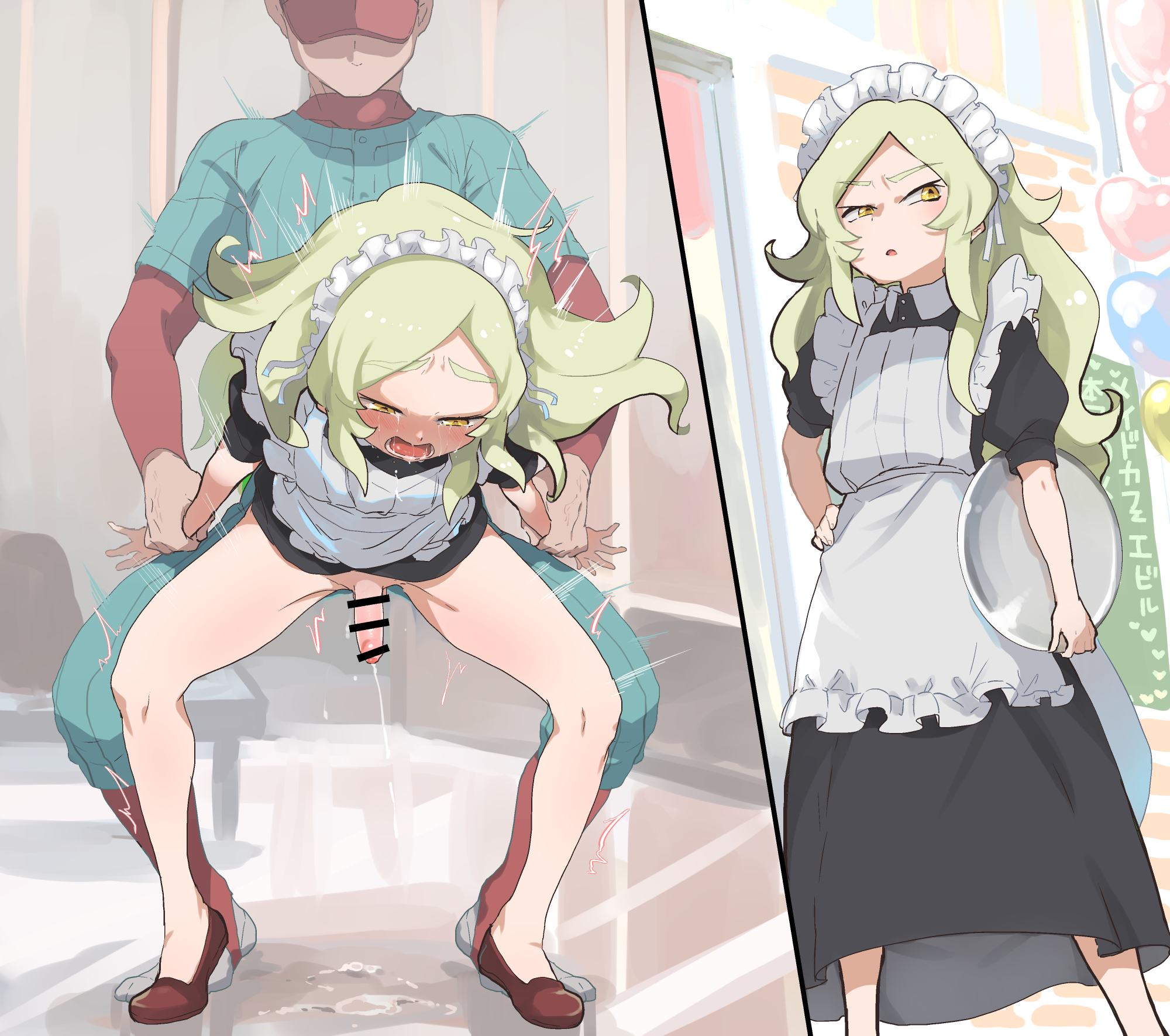 2boys, anal, anal sex, blush, censor bar, censored, clothed sex, crossdressing, faceless male, femboy, gay, gay male, genital fluids, girly, grabbing from behind, long hair, maid, maid headdress, maid uniform, male, male penetrating, male/male, original, penis, sex, standing, standing sex, thighs, yaminokawaii, yaoi