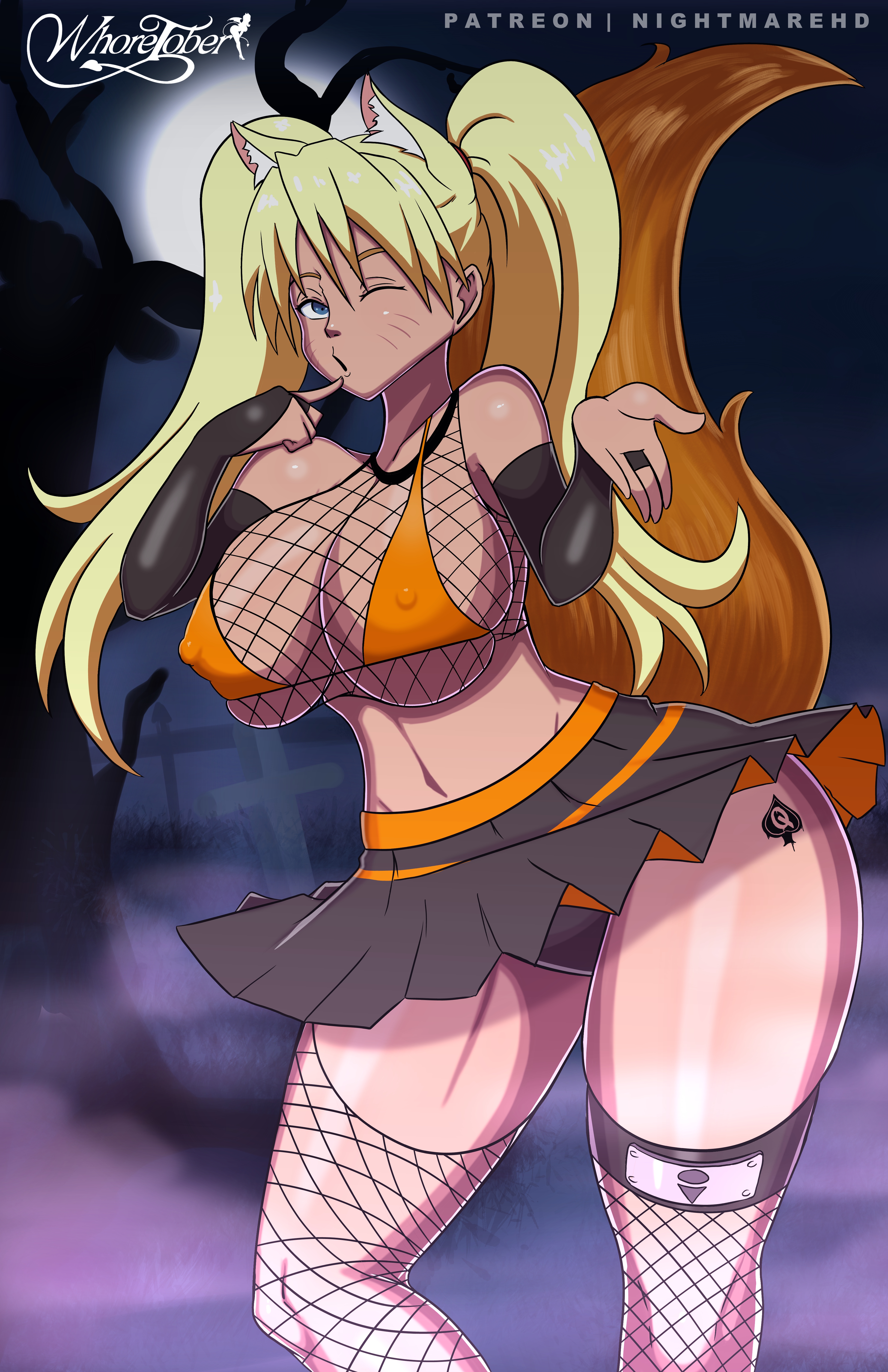 1girls, absurd res, animal ears, big breasts, blonde hair, blue eyes, breasts, canon genderswap, eye contact, female, female only, fishnet shirt, fishnet stockings, fishnets, fox ears, fox tail, genderswap, gloves, halloween, high resolution, large breasts, looking at viewer, naruko, naruto, naruto (series), nightmare hdraw, nipple bulge, one eye closed, queen of spades, rule 63, sexy no jutsu, solo, tail, thick thighs, thighs, twintails, uzumaki naruto, whisker markings, wide hips