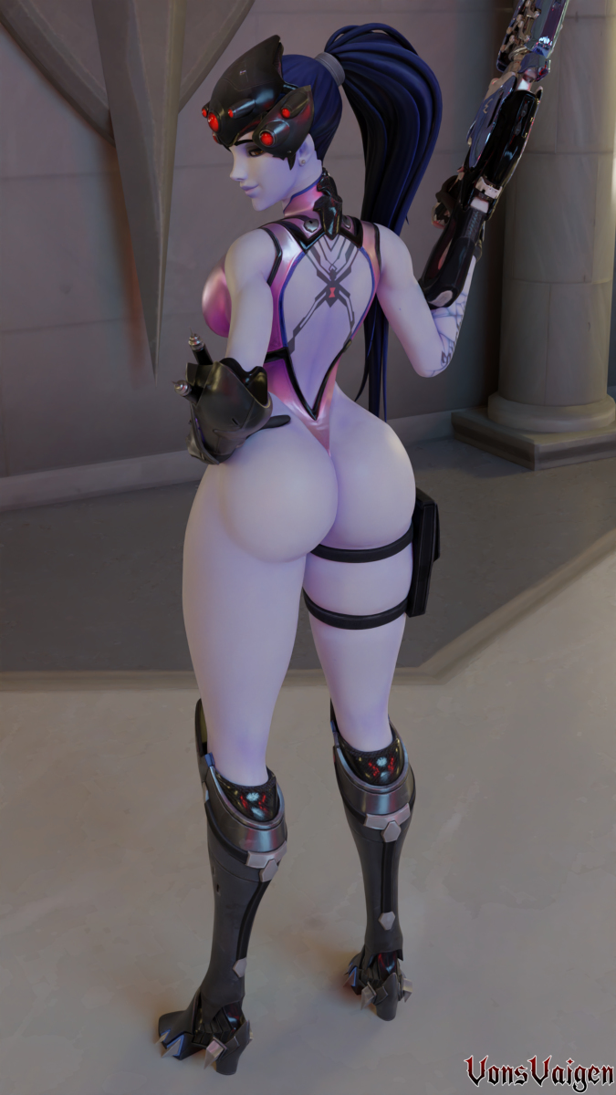 1girls, 3d, amelie lacroix, ass, bare arms, bare thighs, blizzard entertainment, boots, female, female only, goggles, gun, high heel boots, high heels, large ass, looking to the side, massive ass, overwatch, overwatch 2, purple skin, sniper, solo, tattoo, thick thighs, thigh strap, thighs, vonsvaigen, widowmaker