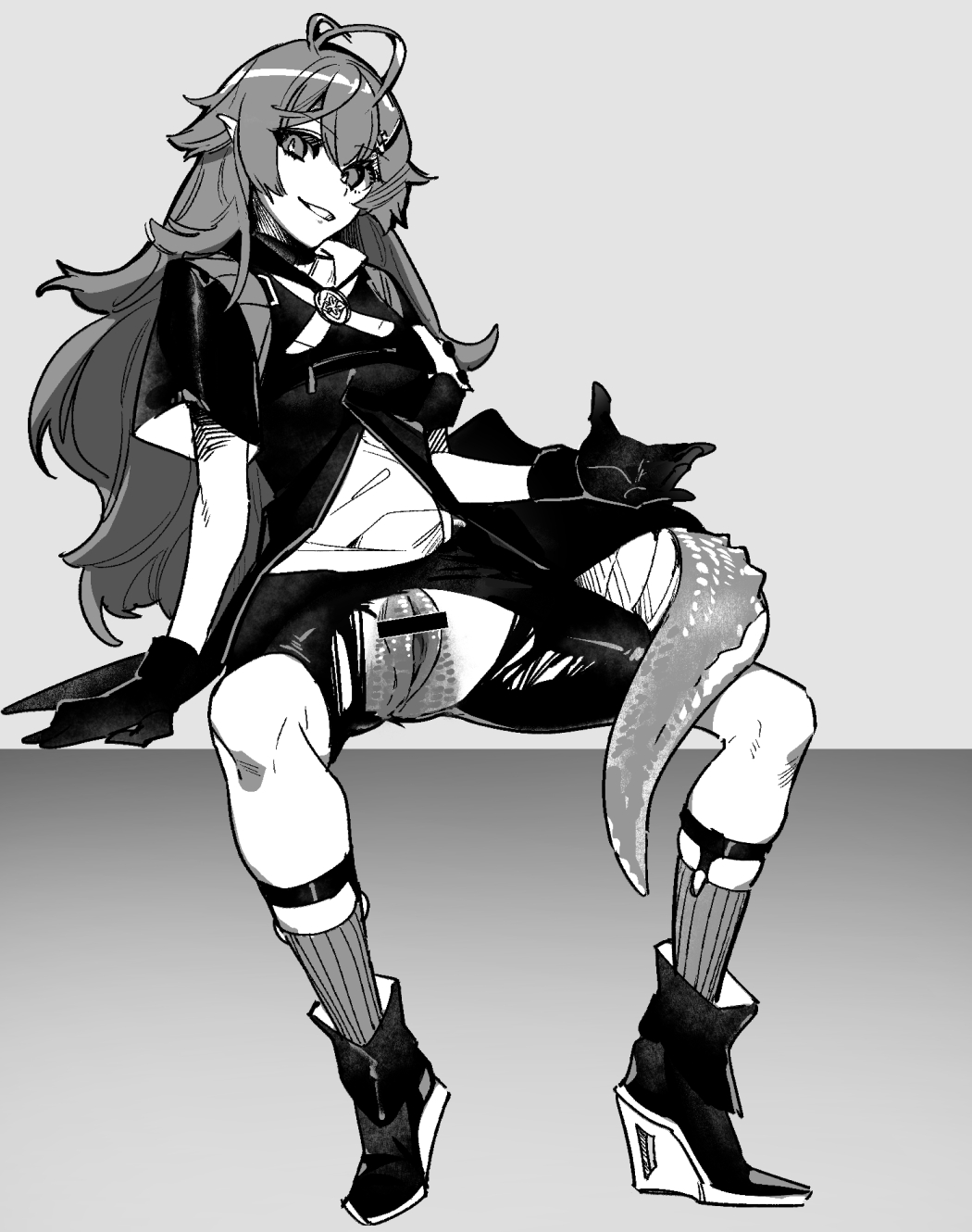 1girls ahoge arknights bar_censor breasts censored clothed clothing crotchless female female_only gavial_(arknights) gloves humanoid long_hair looking_at_viewer mirin_chikuwa monochrome mostly_clothed pussy sitting solo spread_legs tail torn_clothes torn_clothing