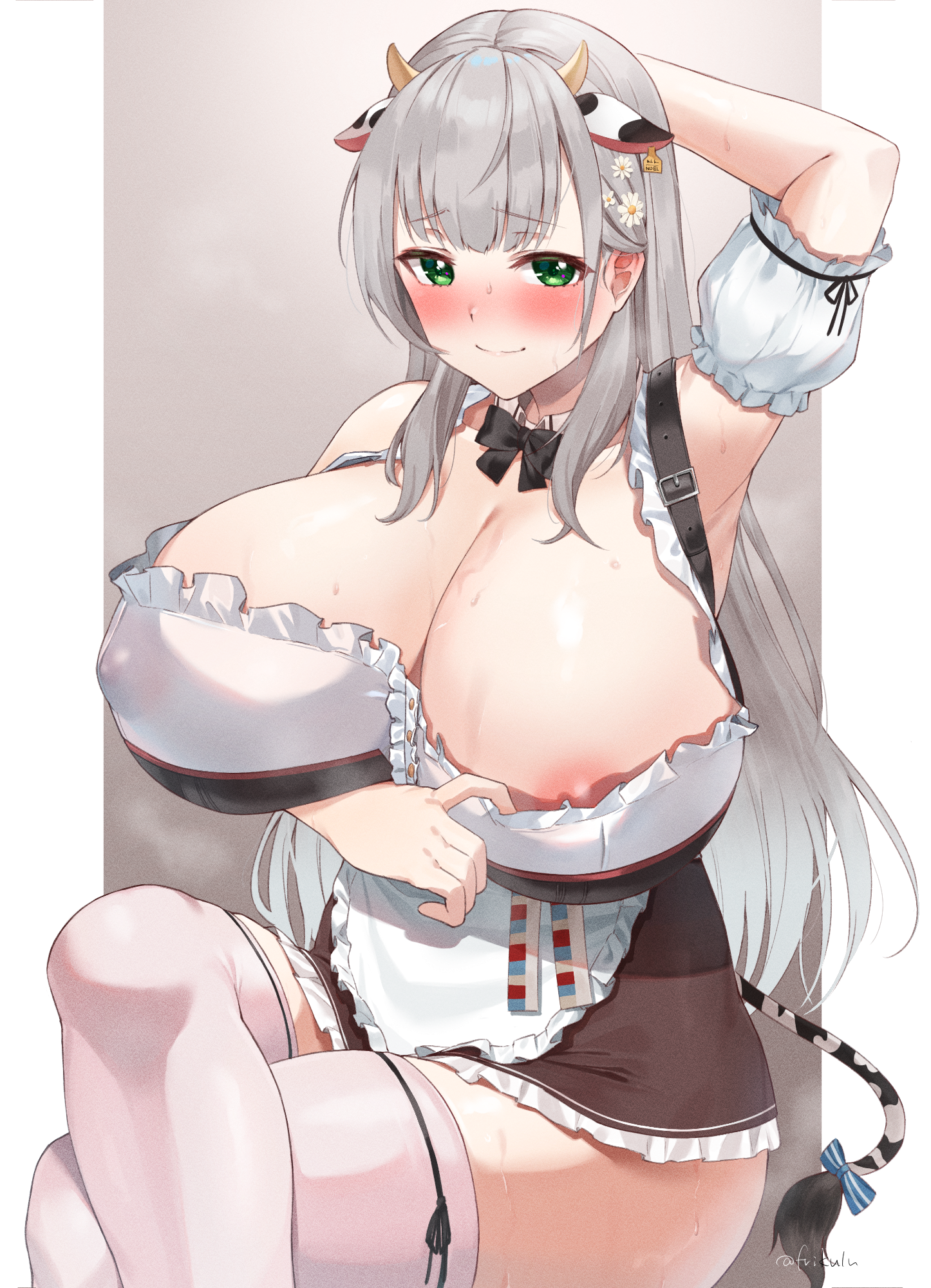 1girls, 2021, animal ears, animal print, apron, areola slip, areolae, arm under breasts, arm up, armpits, bangs, black dress, black neckwear, blush, breasts, cleavage, closed mouth, commentary request, covered nipples, cow ears, cow girl, cow print, crossed legs, detached collar, dress, eyebrows visible through hair, female, female focus, female only, frikulu, frills, gradient, gradient background, green eyes, hair ornament, highres, hololive, huge breasts, letterboxed, long hair, looking at viewer, maid, maid apron, massive breasts, one breast out, shirogane noel, silver hair, simple background, sitting, smile, solo, solo female, steam, thighhighs, two-tone dress, virtual youtuber, white dress, white legwear