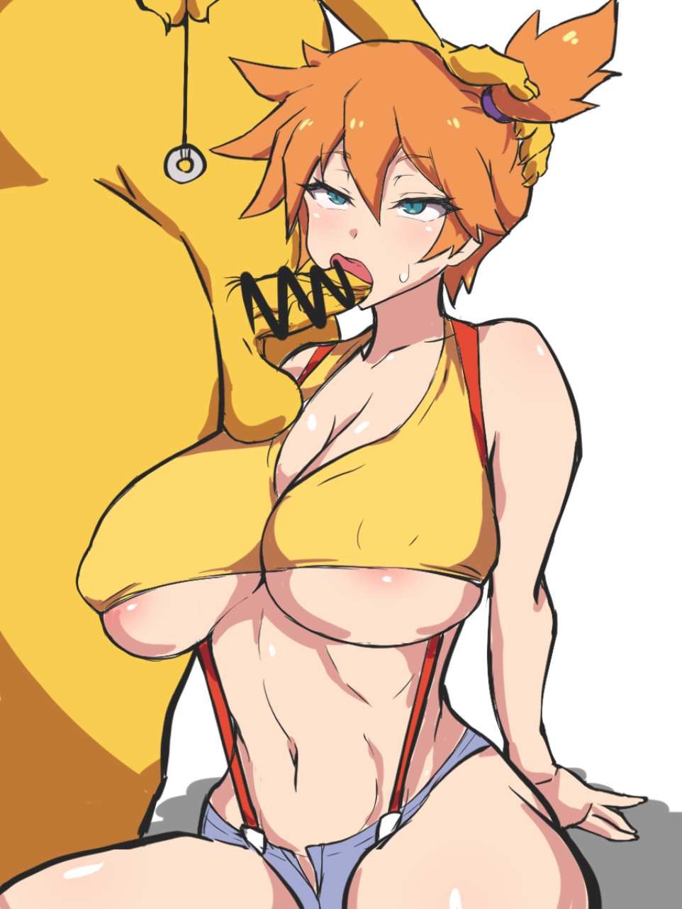 alternate breast size, asymmetrical hair, bare legs, blush, breasts, censored, clothing, covered erect nipples, dd (artist), dd41023237, denim, denim shorts, erect nipples, erect nipples under clothes, erection, female, game freak, gen 1 pokemon, green eyes, gym leader, head grab, high resolution, holding, huge breasts, hypno, hypnosis, kasumi (pokemon), large breasts, legs, looking at another, male, mind control, navel, nintendo, nipples, oral, orange hair, penis, pokemon, pokemon (anime), pokemon (classic anime), pokemon (game), pokemon (species), pokemon rgby, pokephilia, ponytail, shirt, short hair, short shorts, shorts, side ponytail, smile, solo, standing, suspenders, swimsuit, tank top, thick thighs, thighs, tied hair, underboob, white swimsuit, wide hips, yellow shirt, yellow tank top