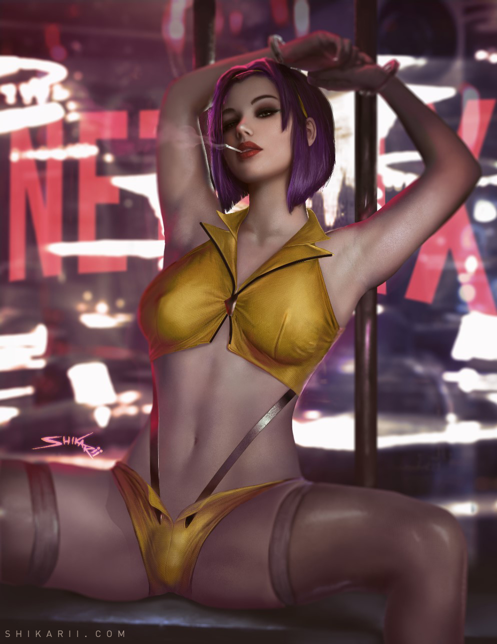 1futa, alternate version available, breasts, bulge, cigarette, cleavage, clothed, clothing, cowboy bebop, faye valentine, futa only, futanari, human, intersex, light skin, light-skinned futa, looking at viewer, mostly nude, pale skin, realistic, shikari, sitting, skindentation, solo, spread legs, thighhighs