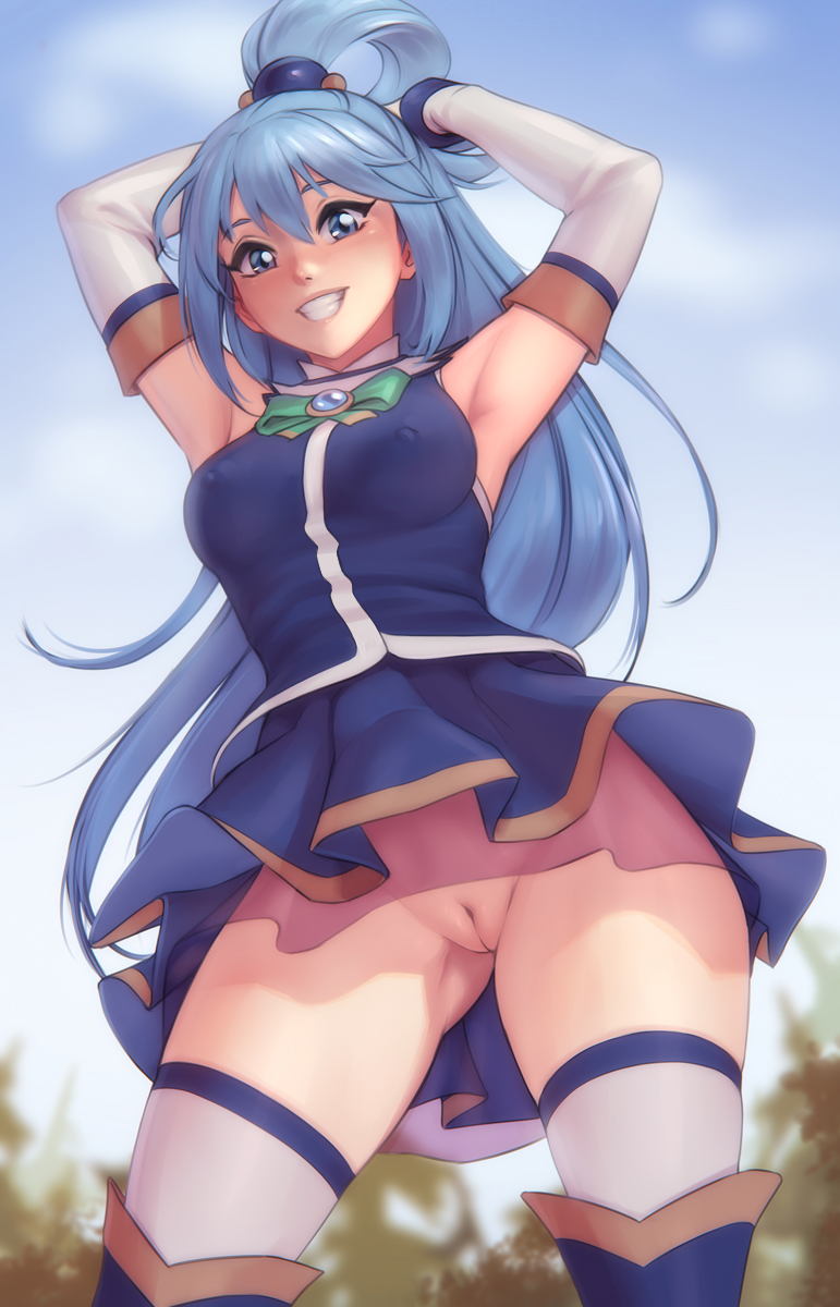 1girls, aqua (konosuba), armpits, armwear, big breasts, blue eyes, blue hair, breasts, day, detached sleeves, erect nipples, female, female only, goddess, going commando, hair between eyes, kono subarashii sekai ni shukufuku wo!, long hair, looking at viewer, nipple bulge, nipples, no panties, no panties under skirt, outside, personalami, ponytail, pussy, sky, smile, solo, uncensored, upskirt