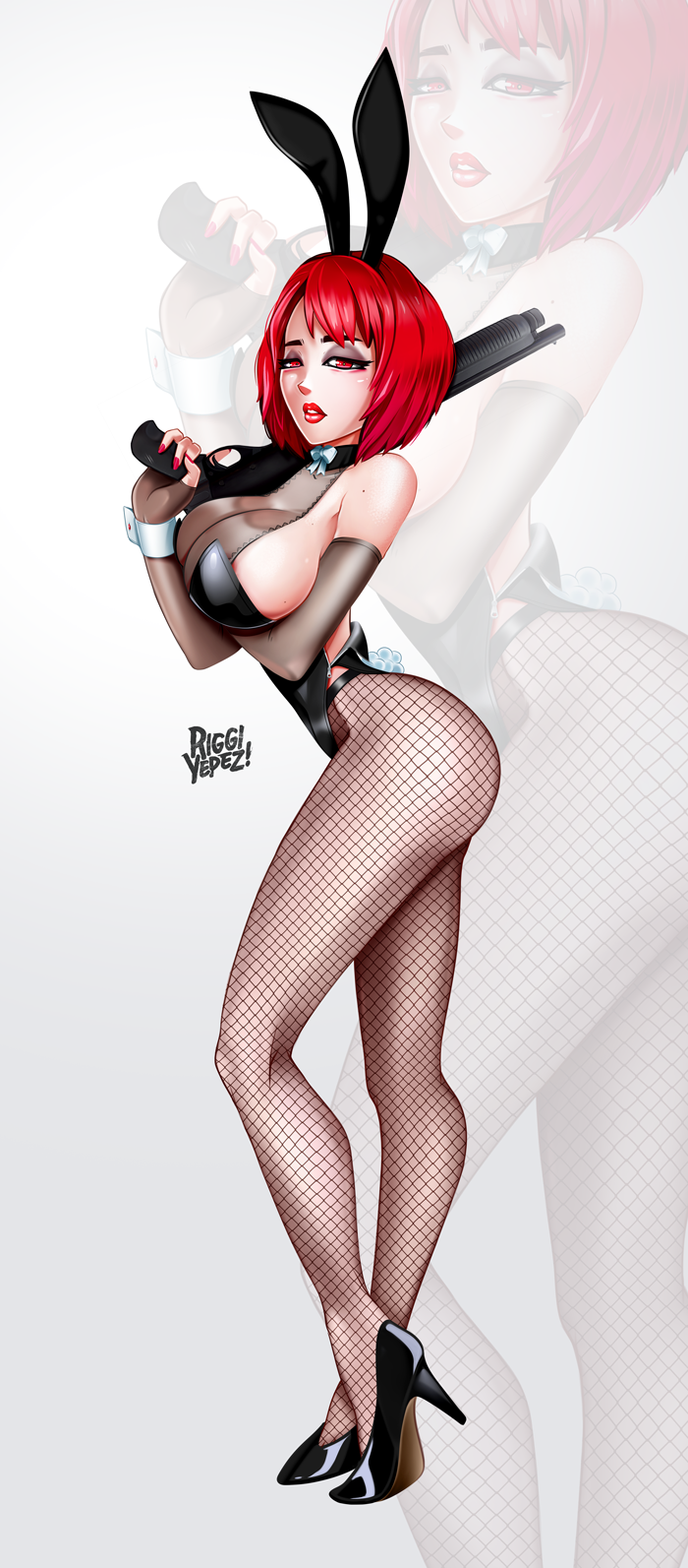 1girls, animal ears, ass, bare shoulders, bow, breasts, bunny ears, bunny tail, bunnysuit, capcom, dino crisis, elbow gloves, eyeshadow, fake animal ears, fake tail, female, fingerless gloves, fishnets, gloves, gun, half-closed eyes, handgun, high heels, highleg, highleg leotard, large breasts, leotard, lipstick, looking at viewer, makeup, nail polish, pantyhose, red eyes, red hair, regina (dino crisis), riggiyepez, short hair, shotgun, sideboob, solo, tail, trigger discipline, weapon, weapon over shoulder, wrist cuffs, zoom layer