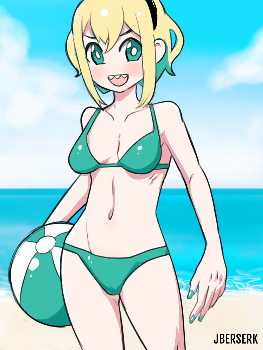 1girls amano_pikamee bare_belly beach beach_ball bellybutton bikini green_bikini green_eyes green_nails jberserk light-skinned_female sea sharp_teeth solo solo_female virtual_youtuber voms_project yellow_hair