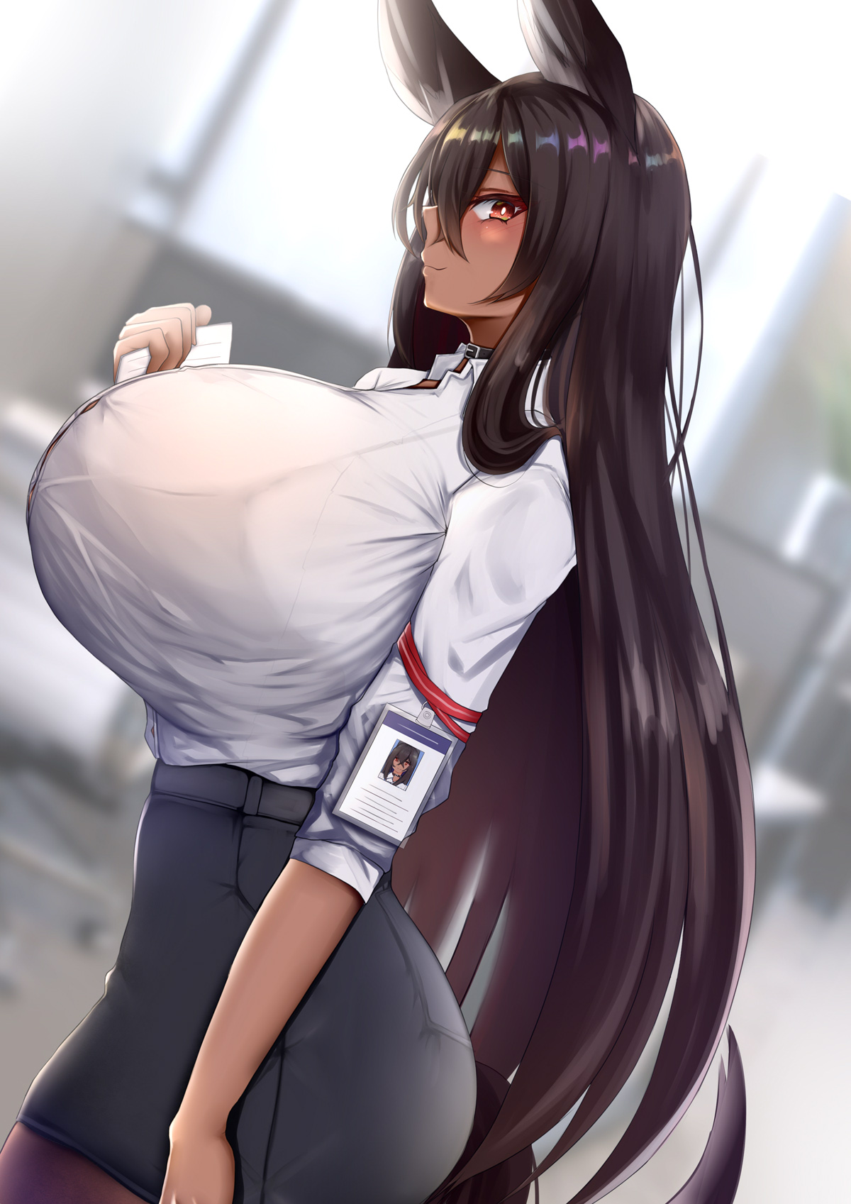 1girls, animal ears, ass, belt, belt collar, black hair, breasts, breasts bigger than head, brown eyes, chomikuplus, dark skin, dark-skinned female, female, female only, holding object, huge ass, huge breasts, id card, large breasts, long hair, looking at viewer, office lady, see-through clothing, shirt, side view, skirt, smile, standing