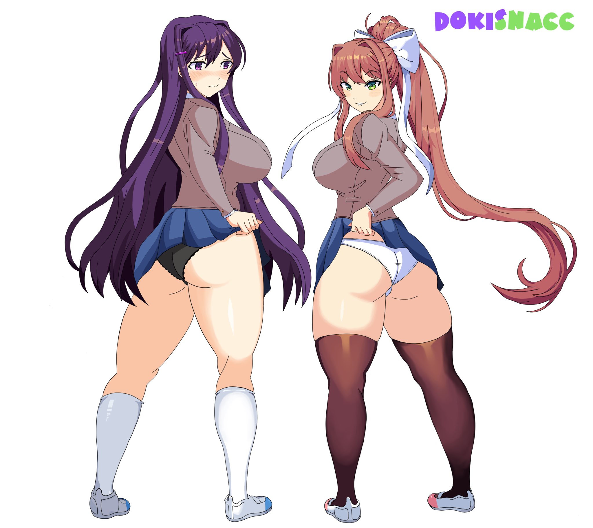 2girls, ass, big breasts, breasts, doki doki literature club, dokisnacc, female, female only, green eyes, hair ribbon, large breasts, long hair, monika (doki doki literature club), panties, purple eyes, purple hair, school uniform, standing, thick thighs, thighs, tight clothing, uwabaki, very long hair, yuri (doki doki literature club)