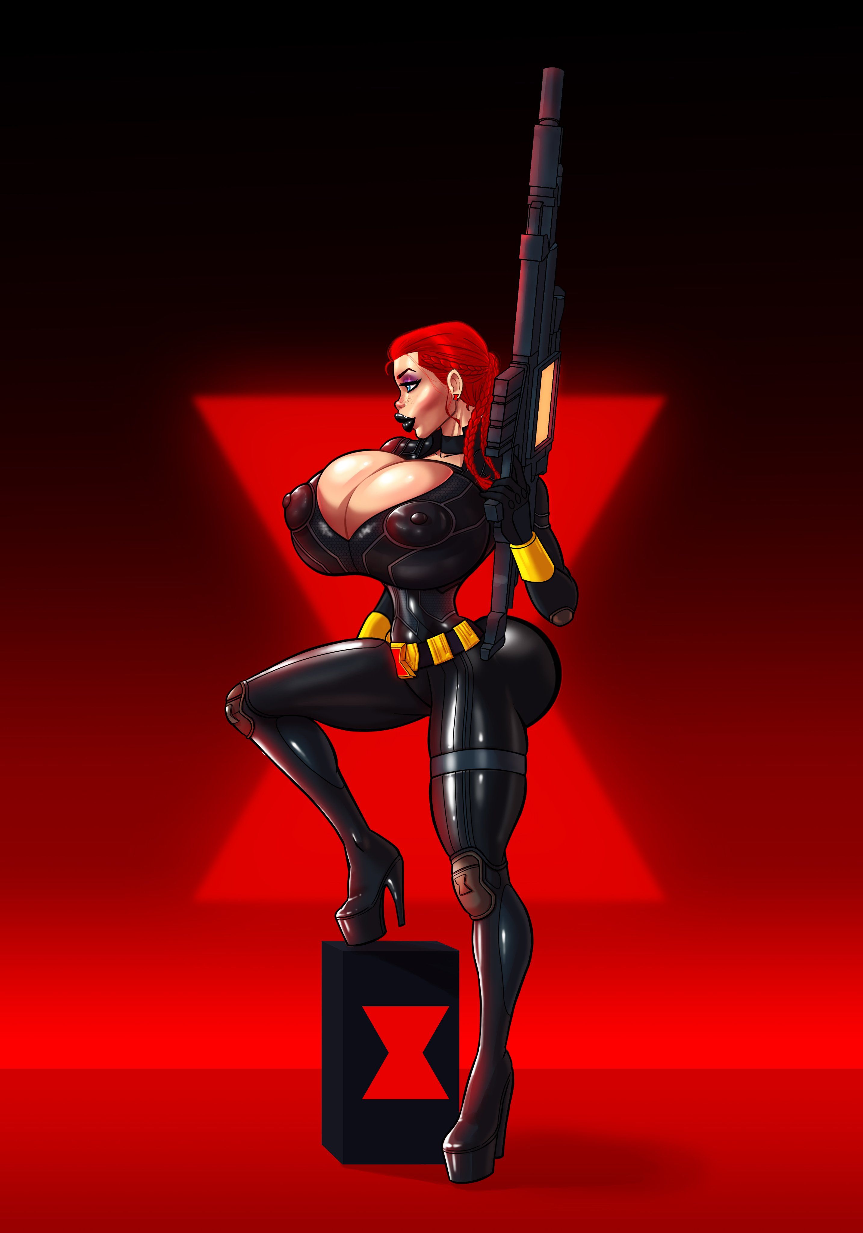 1girls, alternate breast size, athletic, athletic female, bimbo, black lipstick, black widow (marvel), black widow (movie), blue eyes, bodysuit, breasts, breasts bigger than head, cleavage, dargoden, edit, female, female only, high heels, huge breasts, human, human only, leather, light skin, light-skinned female, marvel, marvel cinematic universe, marvel comics, natasha romanoff, platform heels, red hair, rifle, short hair, skin tight, superhero, tight clothing, top heavy, voluptuous, weapon, wide hips