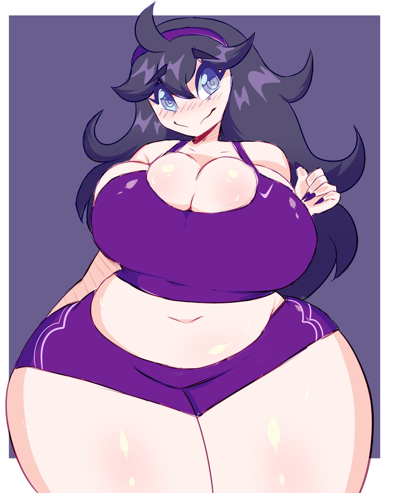 1girls, alternate breast size, big breasts, blush, blush lines, blushing at viewer, breasts, eye contact, female, female only, hex maniac, large breasts, light skin, light-skinned female, looking at viewer, moonraige, nails, nintendo, pokemon, pokemon xy, purple eyes, purple hair, sharp nails, shorts, solo, solo female, spiral eyes, tagme, thick thighs, thighs, voluptuous