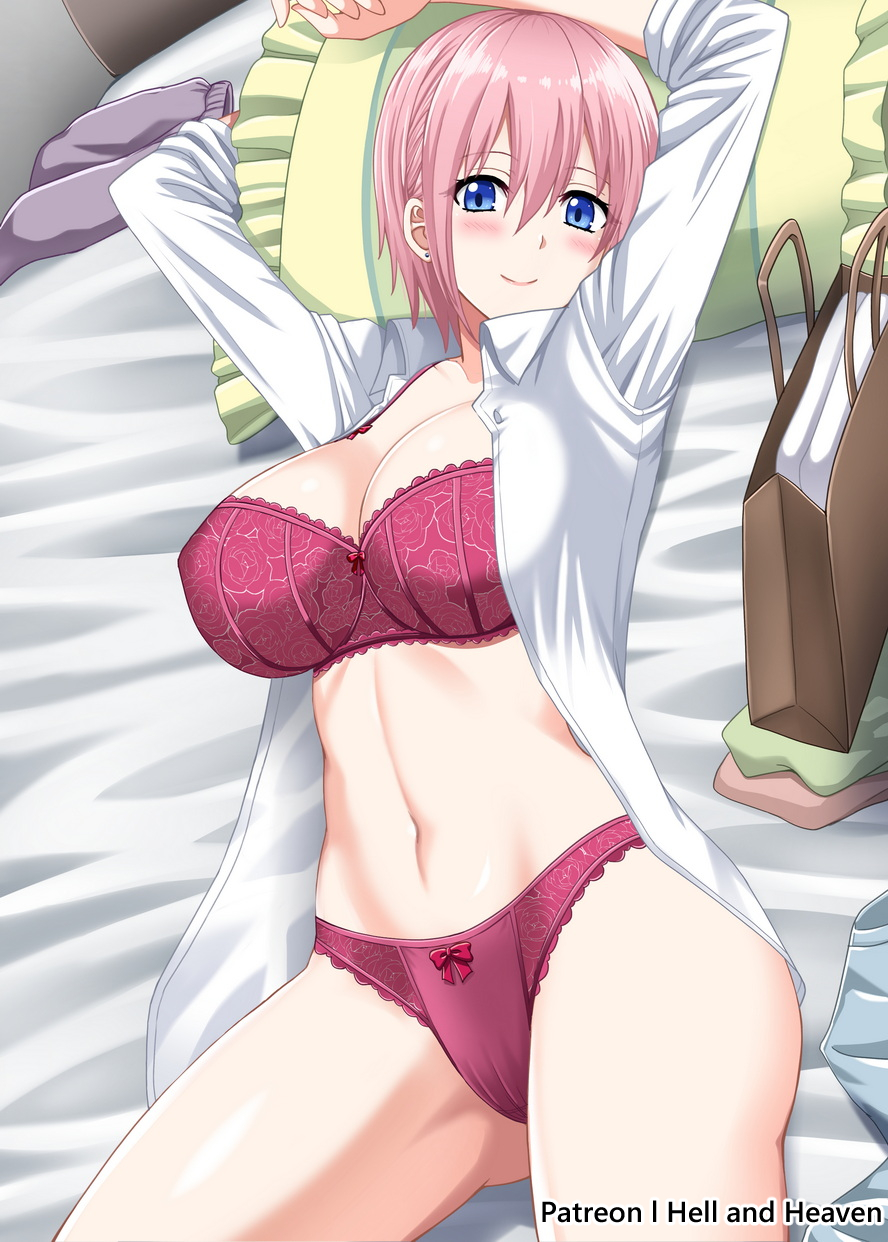 1girls, arms up, bag, bangs, blue eyes, blush, bra, breasts, cardigan, cleavage, closed mouth, collarbone, collared shirt, commentary, cowboy shot, earrings, eyebrows visible through hair, female, go-toubun no hanayome, hair between eyes, hellandheaven, highres, indoors, jewelry, large breasts, looking at viewer, lying, midriff, nakano ichika, navel, on back, on bed, open clothes, open shirt, panties, patreon username, picot trim, picot trim bra, pillow, pink hair, ponytail, red bra, red panties, shirt, shopping bag, short hair, sidelocks, single earring, smile, solo, stud earrings, underwear, white shirt