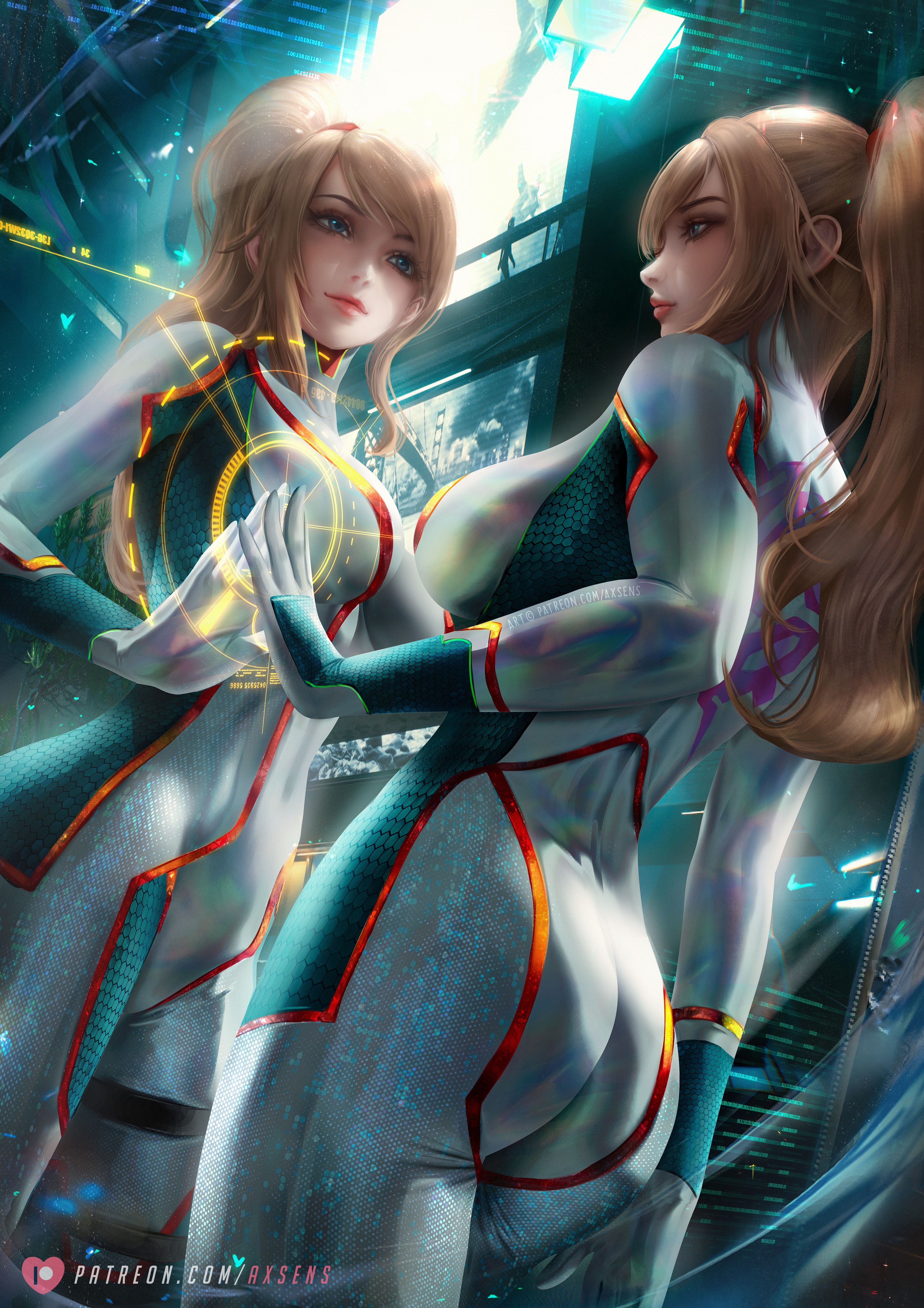 1girls, alternate breast size, ass, ass focus, axsens, back, back view, backside, big breasts, blonde hair, blue eyes, bodysuit, breasts, female, female focus, female only, fit, fit female, front view, fully clothed, gloves, large breasts, long hair, looking at self, metroid, mirror, mirror reflection, nintendo, ponytail, realistic, reflection, samus aran, slim female, solo, solo female, solo focus, space, standing, technology, thick ass, tight bodysuit, tight clothing, toned, toned female
