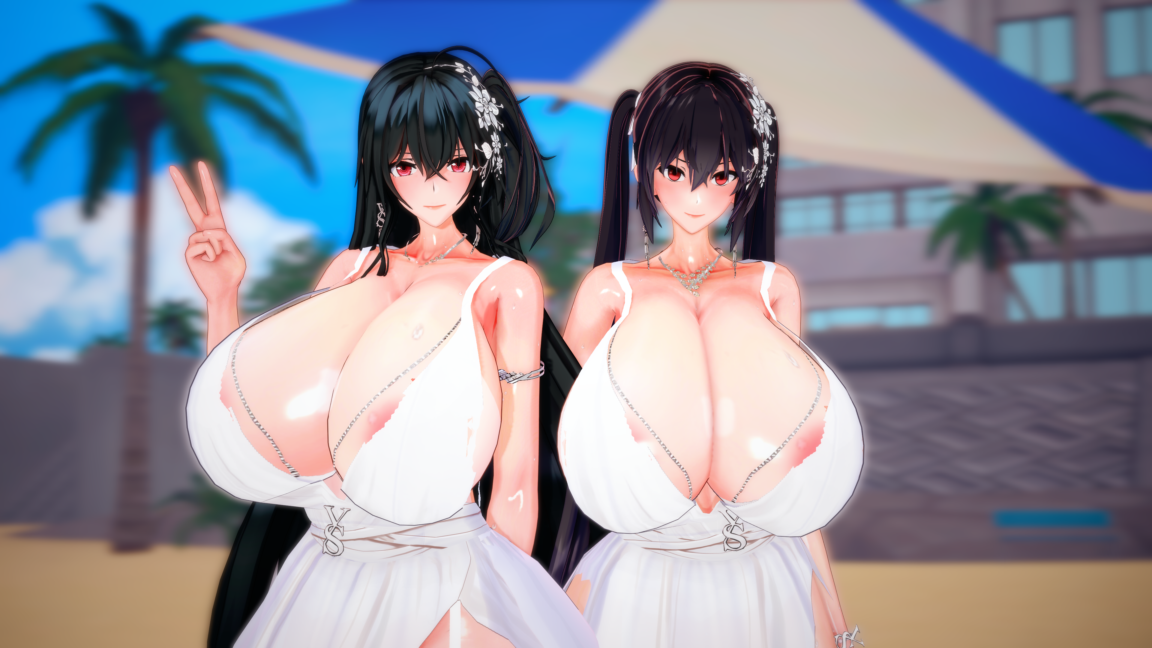 2girls, 3d, areola slip, arms behind back, asymmetrical hair, azur lane, background, beach, black hair, blurred background, blush, breasts, cleavage, dark hair, dress, earrings, female, female only, full cleavage, gesture, glistening hair, hair between eyes, hair flower, hair ornament, human, hyper, hyper breasts, koikatsu, long breasts, long cleavage, long hair, looking at viewer, mamoru, necklace, palm tree, sand, sisters, smile, standing, taihou (azur lane), top heavy breasts, twins, twintails, v, white dress, wristband