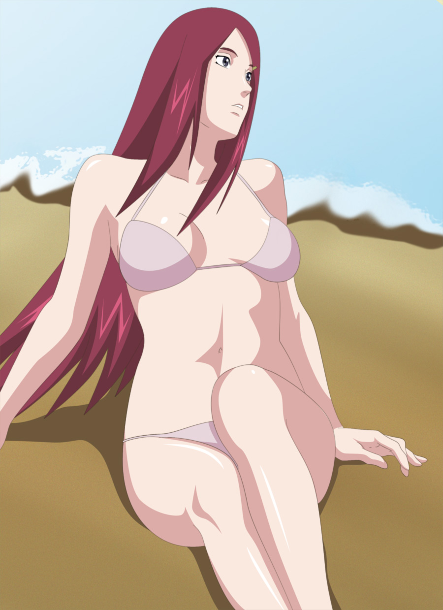 1girls, artist request, bare arms, bare legs, bare shoulders, beach, bikini, bikini bottom, bikini top, blue eyes, breasts, cleavage, female, female focus, female only, hairclip, legs, legs together, light skin, light-skinned female, long hair, looking away, looking to the side, mature, mature female, milf, naruto, naruto (classic), naruto (series), naruto shippuden, ocean, pale skin, pale-skinned female, panties, perky breasts, pink bikini, pink panties, pink swimsuit, pink thong, pinup, pose, posing, red hair, shounen jump, sitting, small breasts, solo, solo female, solo focus, swimsuit, thighs, thong, uzumaki kushina