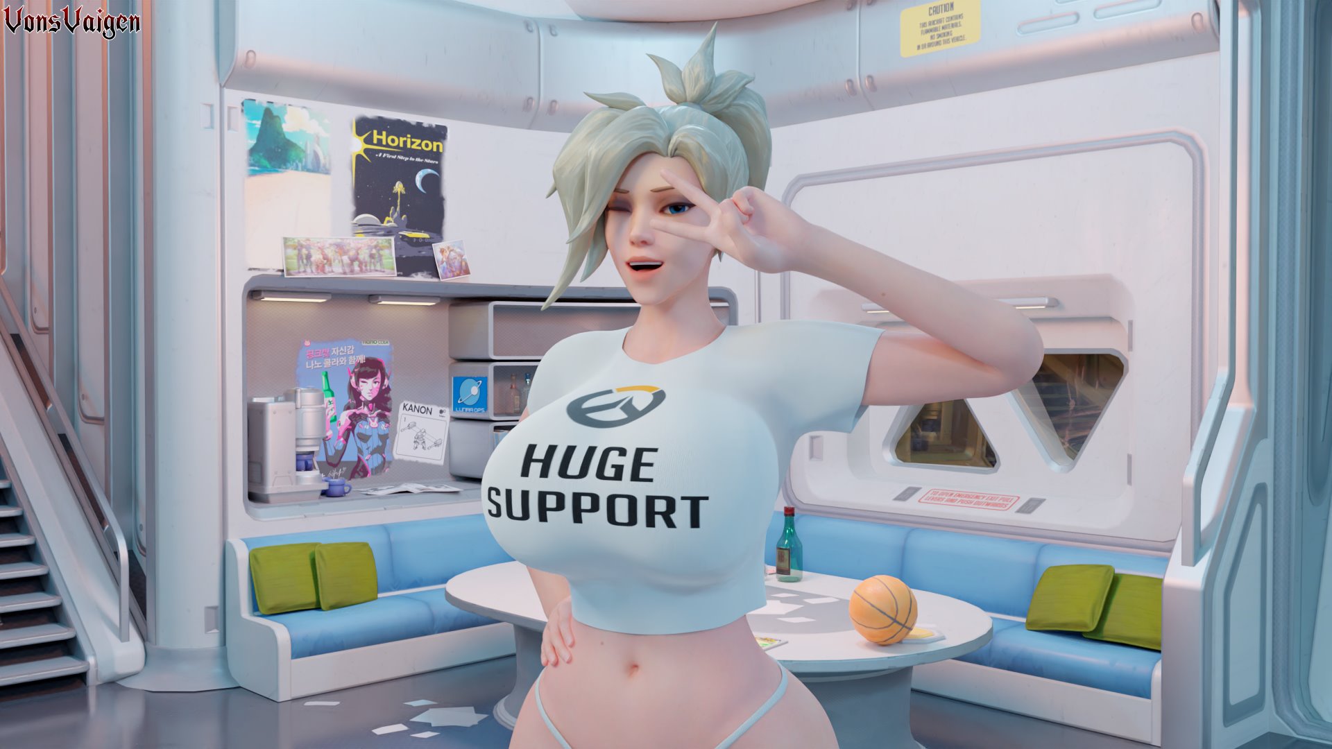 1girls, 3d, angela ziegler, big breasts, blizzard entertainment, blonde female, blonde hair, blue eyes, blue-eyed female, breasts, child bearing hips, english text, female, female only, hourglass figure, huge breasts, human, human only, large breasts, looking at viewer, mercy, overwatch, overwatch 2, peace sign, ponytail, shirt, smile, smiling, solo, t-shirt, text on clothing, text on shirt, text on topwear, vonsvaigen, white shirt, wide hips