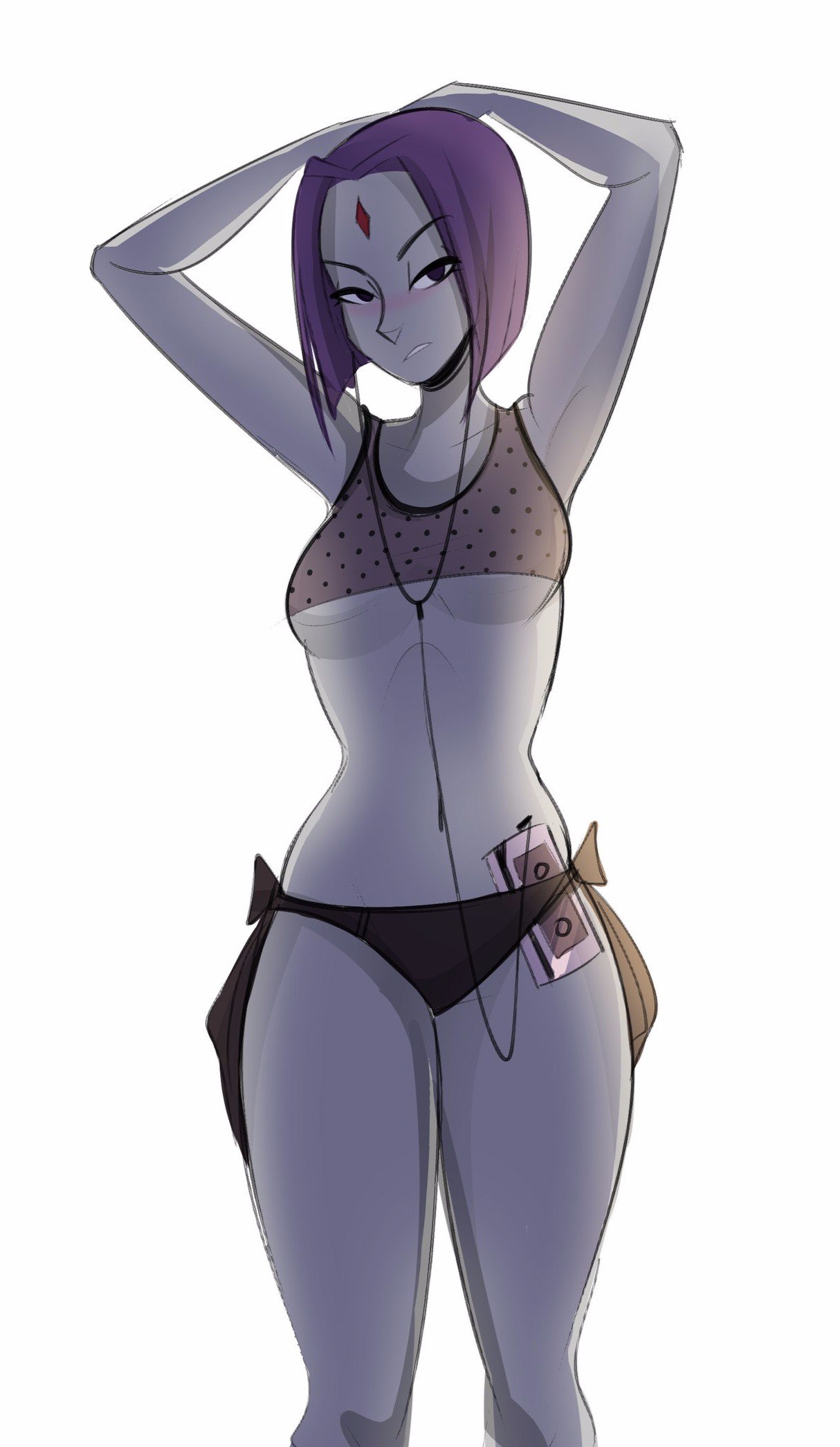 1girls, black eyes, bra, dark eyes, dc, dc comics, female, female focus, female only, headphones, lerimar, panties, partially clothed, purple hair, rachel roth, raven (dc), sfw, straight hair, teen titans, teenager