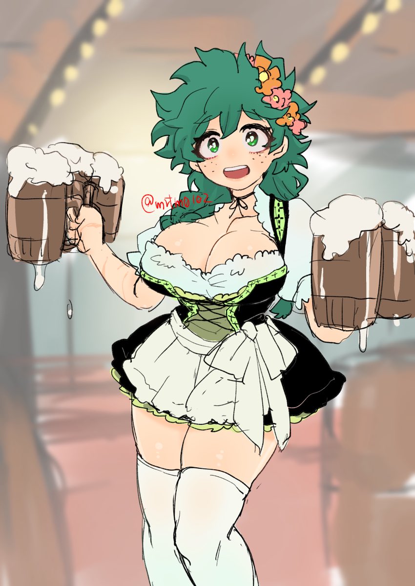 1girls barmaid beer beer_mug big_breasts cleavage drinks female female_deku female_only female_solo flower_in_hair freckles genderswap_(mtf) german_clothes green_eyes green_hair izuku_midoriya mrtm0102 my_hero_academia oktoberfest rule_63 short_skirt solo solo_female stockings tavern tavern_wench thick_thighs uniform waitress waitress_uniform