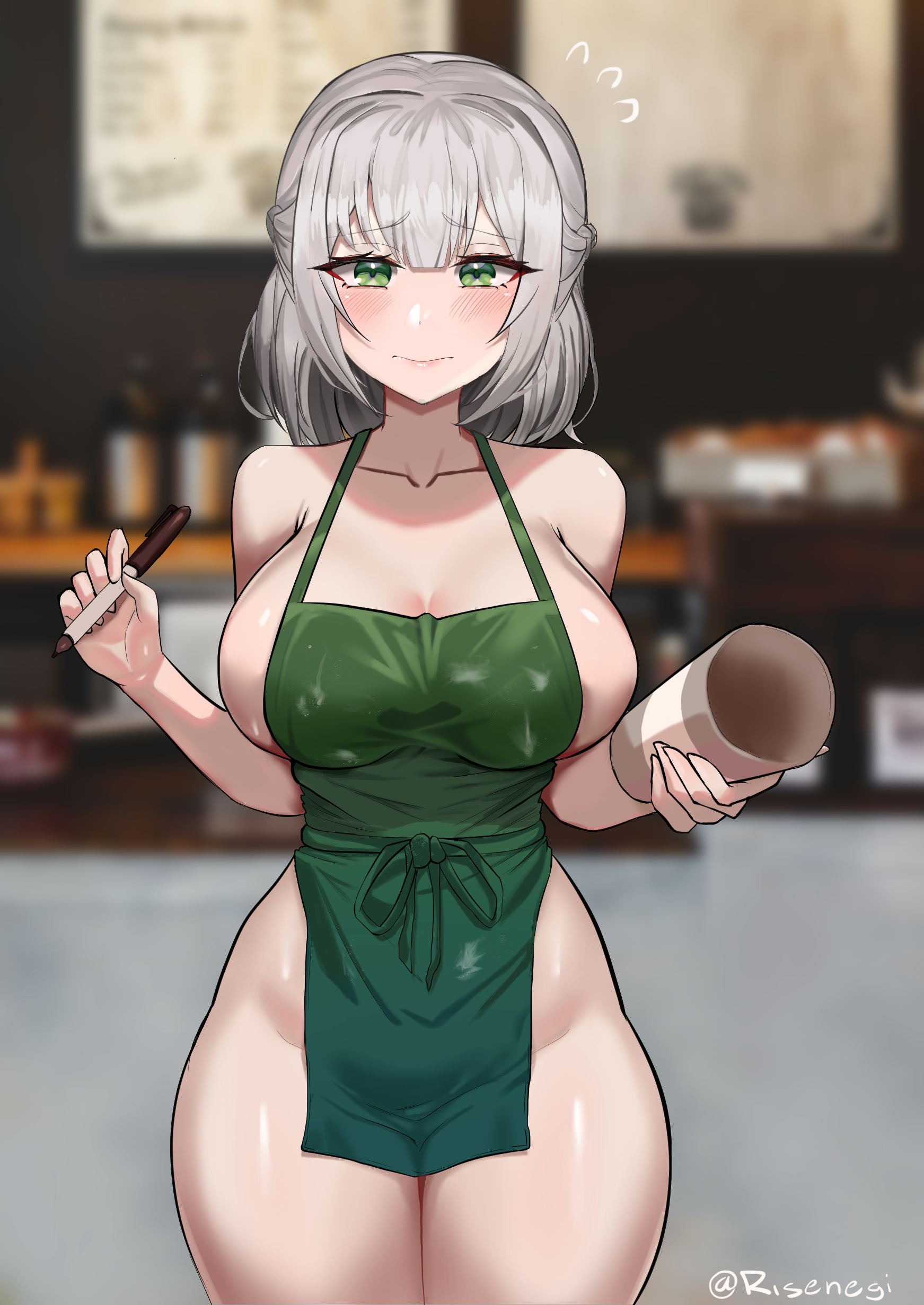 1girls, 2021, absurdres, apron, bare shoulders, blurry, blush, breasts, coffee shop, collarbone, cup, depth of field, embarrassed, embarrassed nude female, enf, exhibitionism, female, female focus, female only, green apron, green eyes, highres, holding, holding cup, holding pen, hololive, hololive fantasy, hololive japan, iced latte with breast milk, indoors, large breasts, meme, naked apron, pen, risenegi, shiny, shiny skin, shirogane noel, sideboob, silver hair, solo, solo female, solo focus, thighs, virtual youtuber